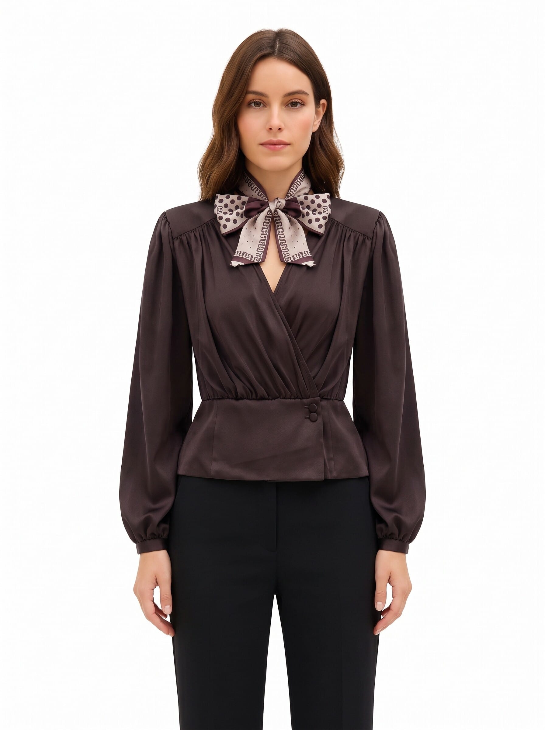 Blusa A Portafoglio In Raso Con Scollo A V E Foulard Logato Rimovibile Rinascimento