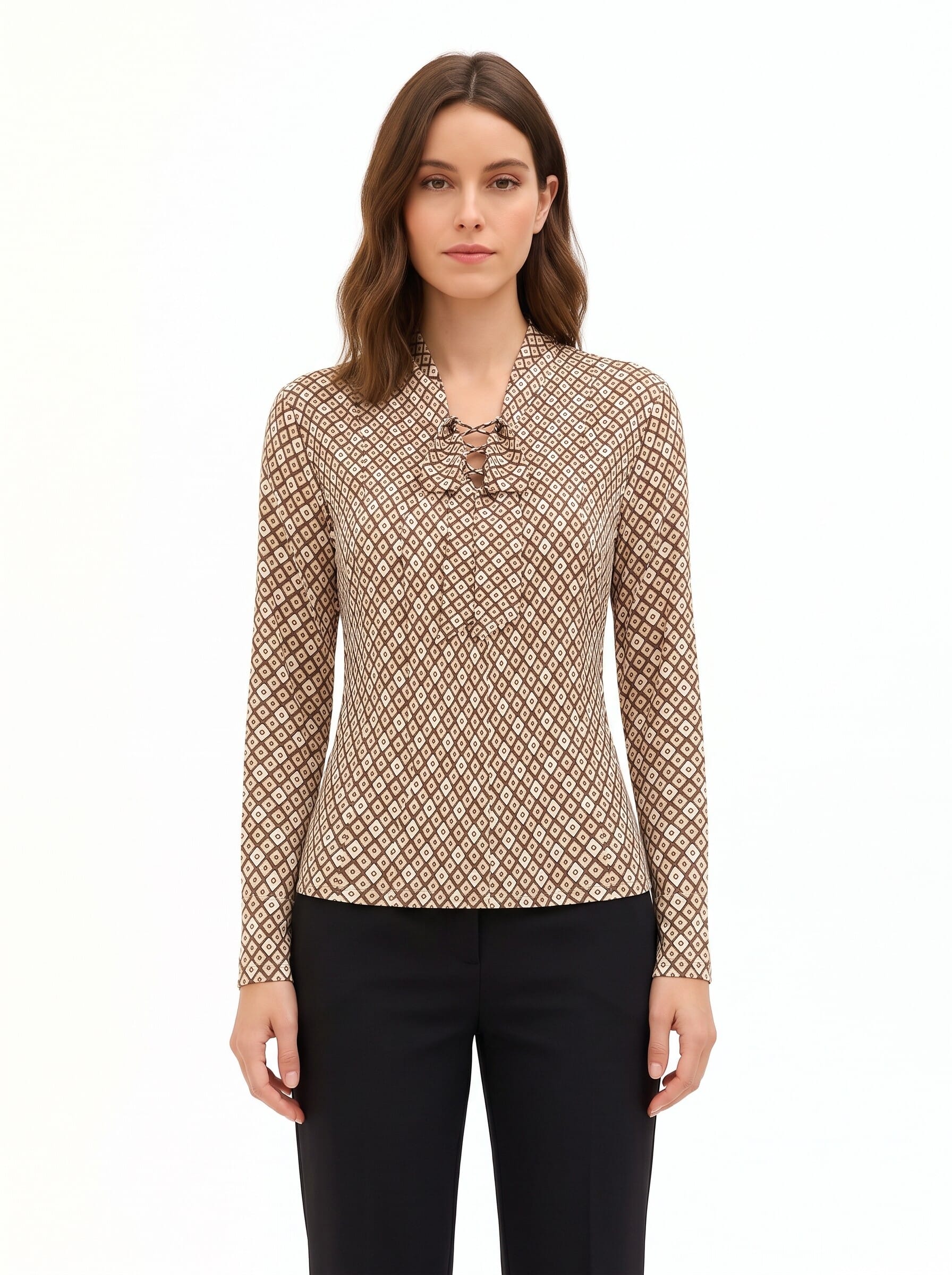 Blusa In Viscosa A Fantasia Geometrica Con Scollo A V E Fiocco Rinascimento