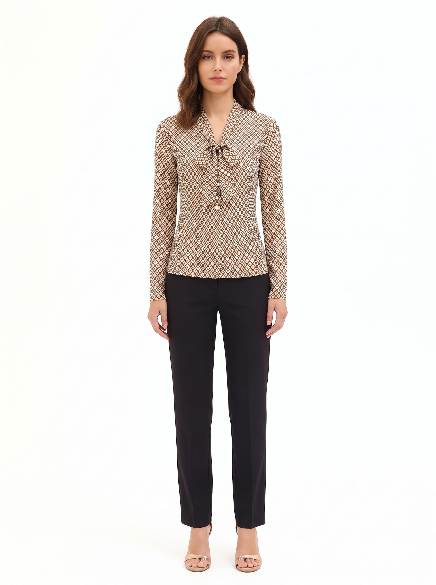 Blusa In Viscosa A Fantasia Geometrica Con Scollo A V E Fiocco Rinascimento