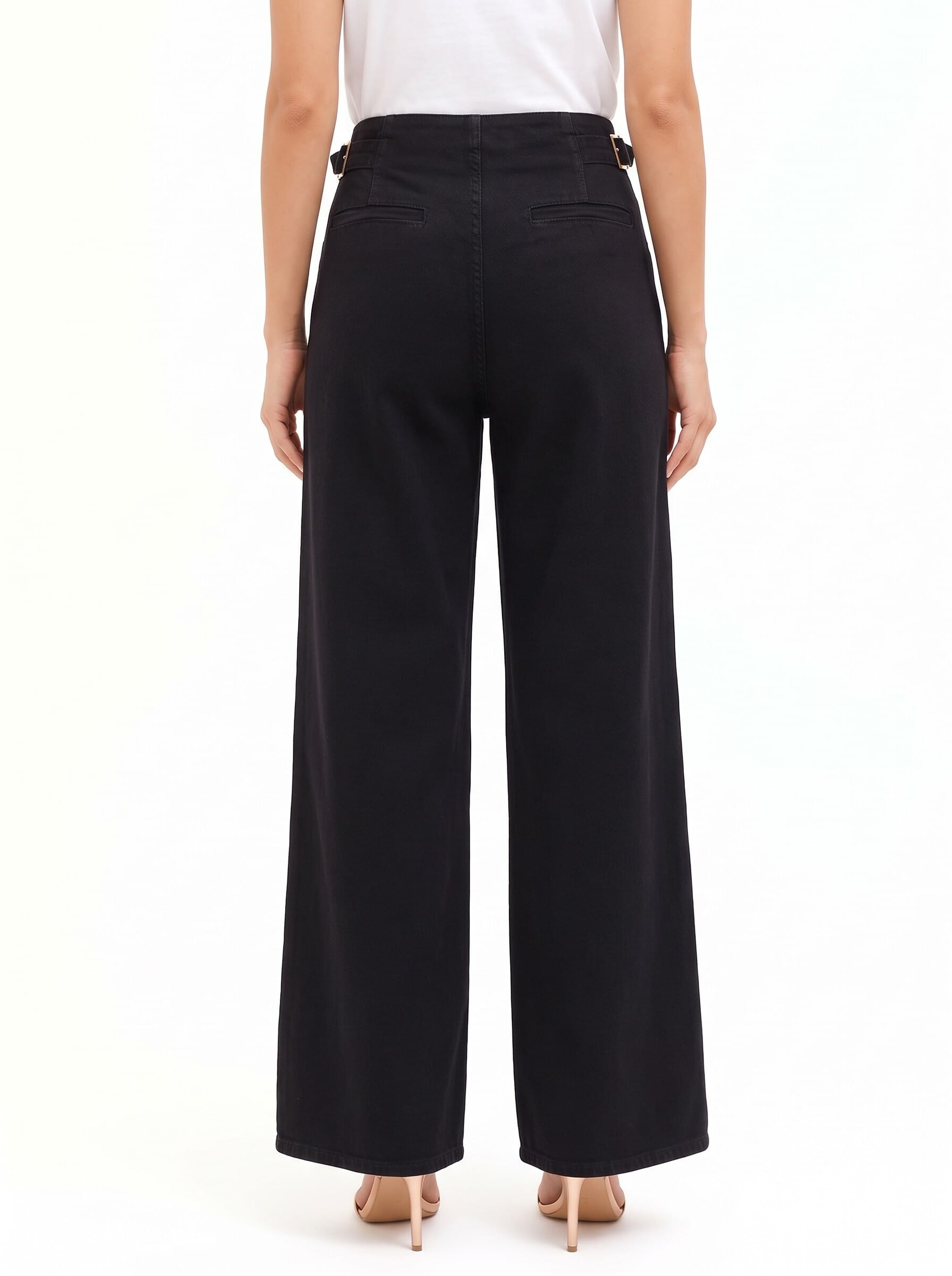 Rinascimento Super Wide-Leg Pleated Jeans with Buckles at the Hips