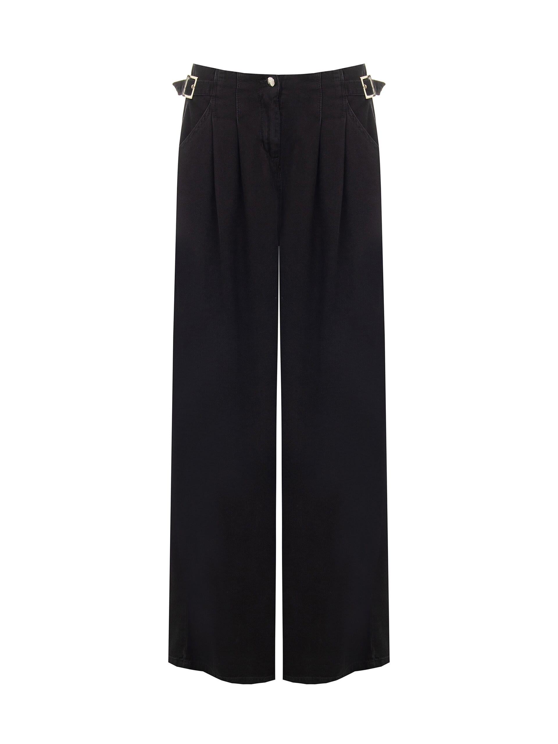 Rinascimento Super Wide-Leg Pleated Jeans with Buckles at the Hips