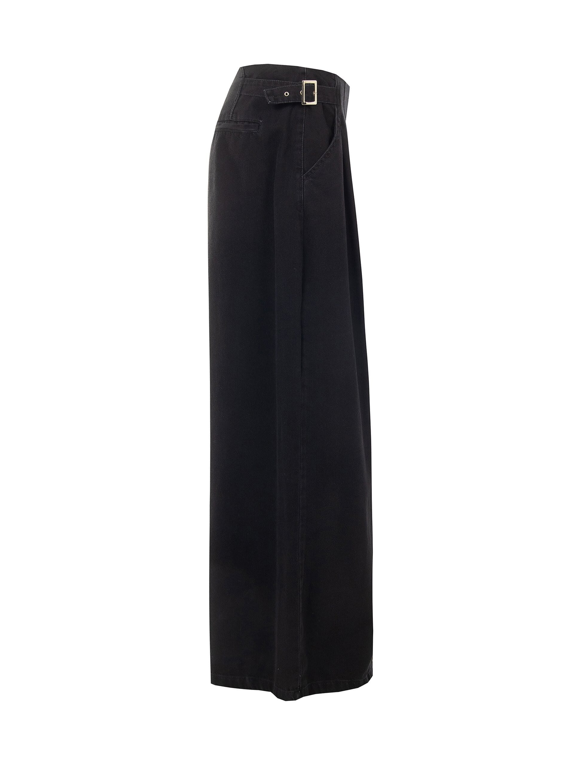 Rinascimento Super Wide-Leg Pleated Jeans with Buckles at the Hips