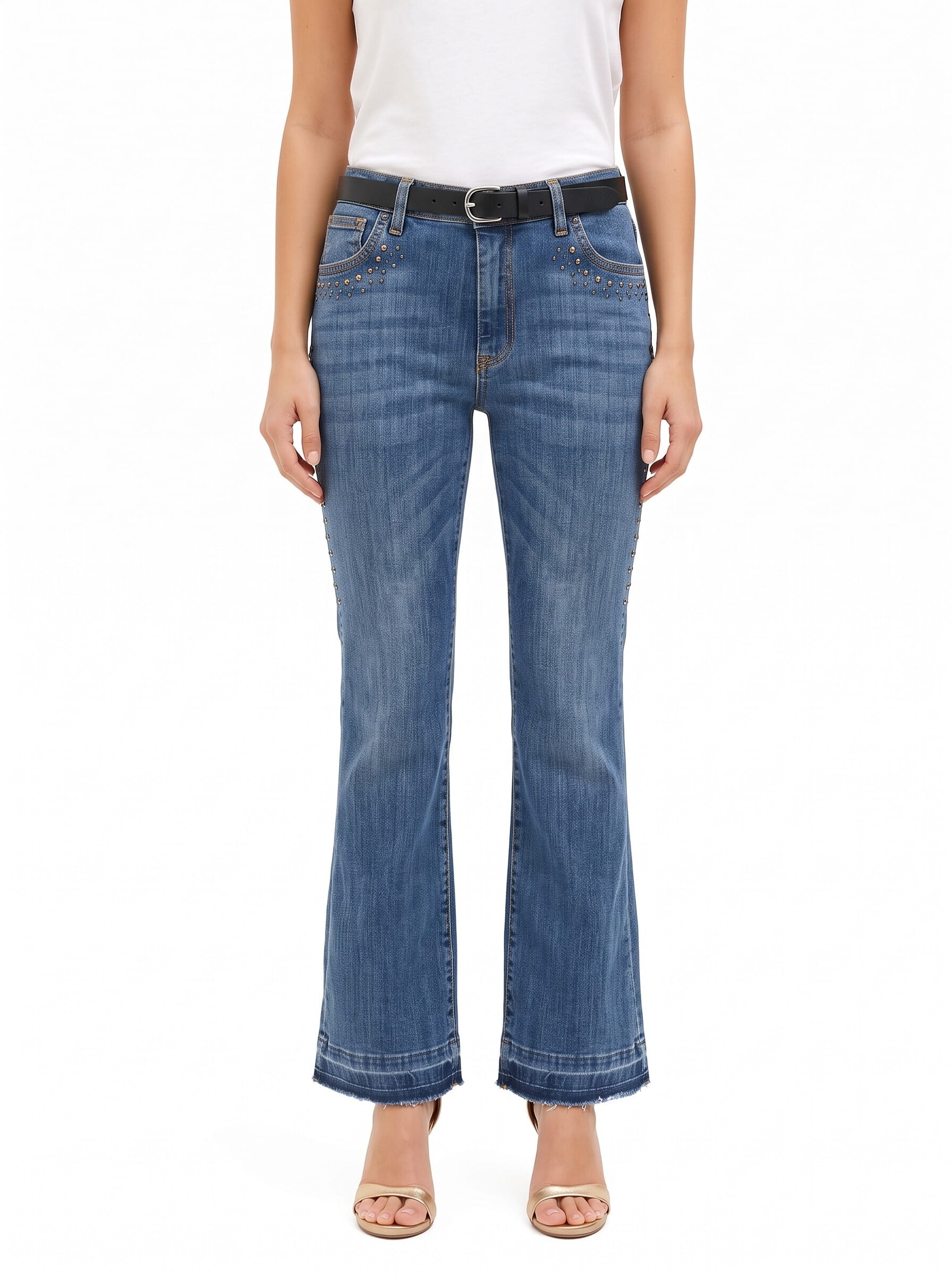 Rinascimento Stretch Flare Jeans with Studs and Frayed Hem