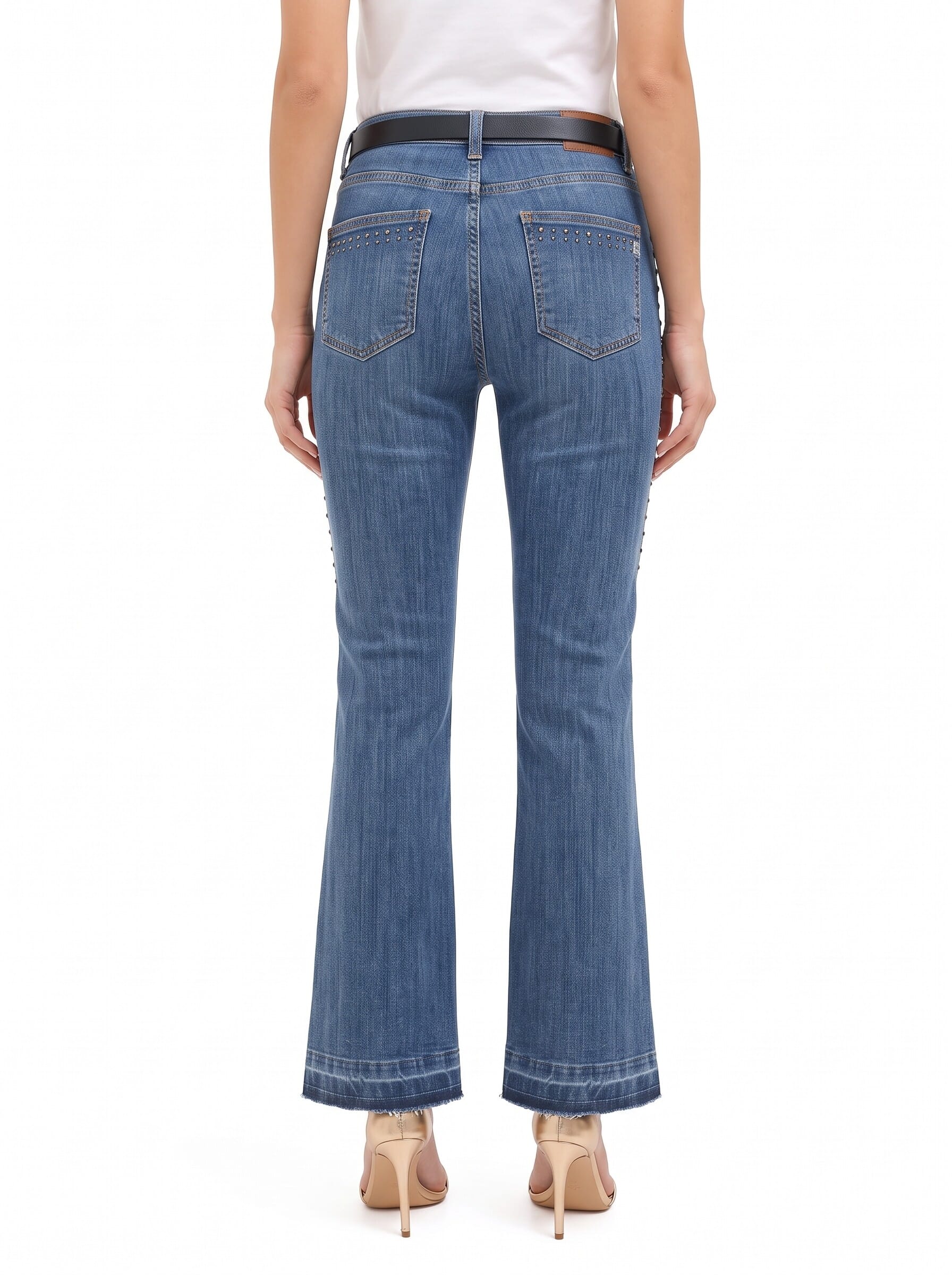 Rinascimento Stretch Flare Jeans with Studs and Frayed Hem