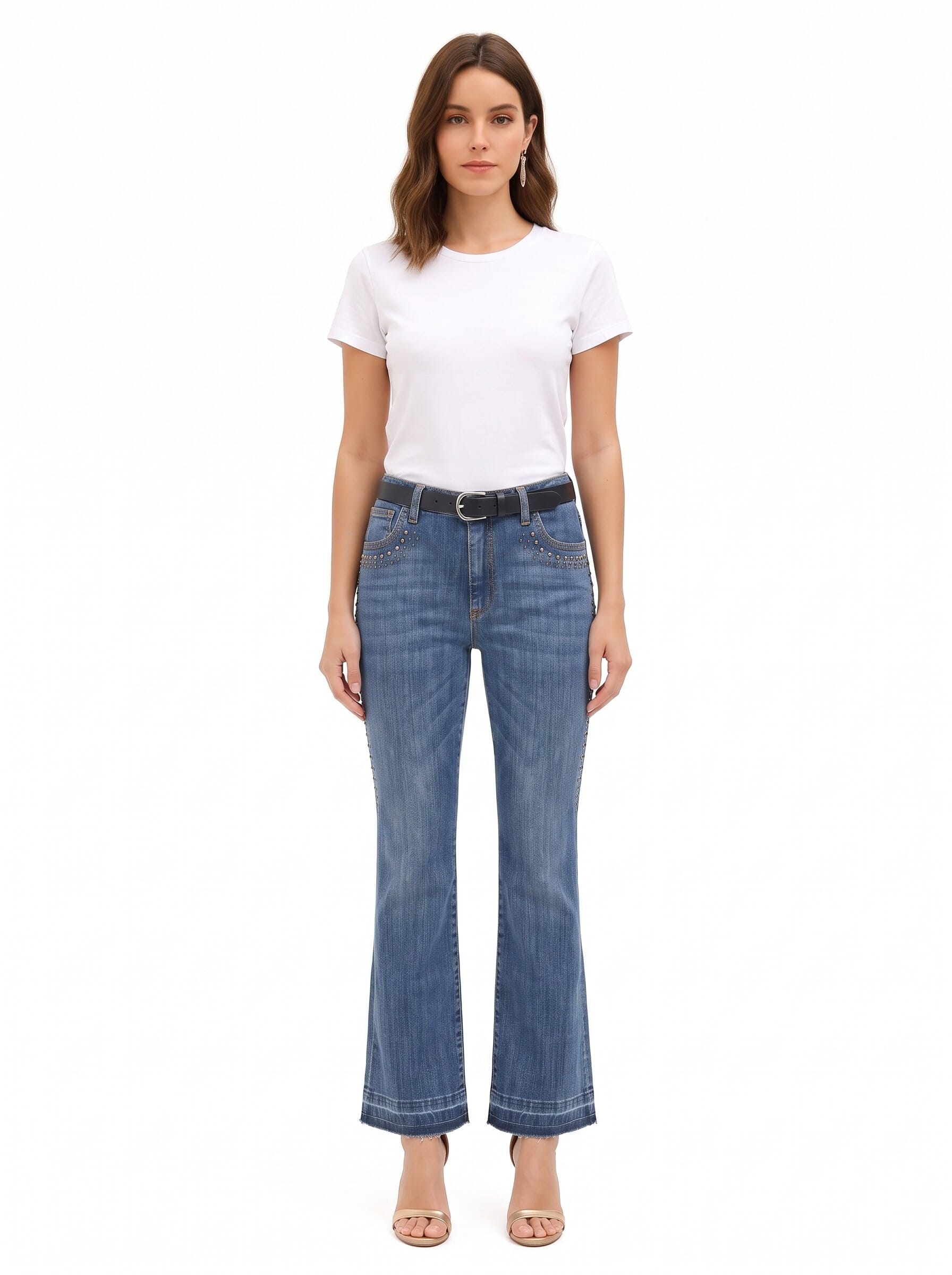 Rinascimento Stretch Flare Jeans with Studs and Frayed Hem