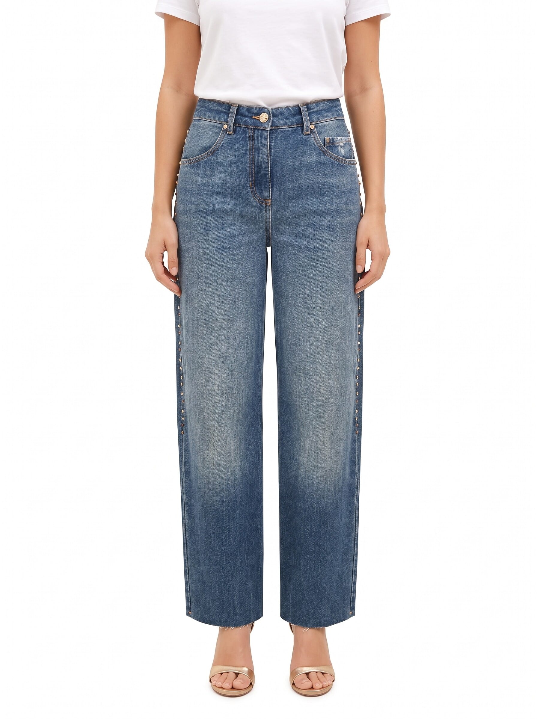 Wide-leg jeans with studs and crystals down the sides – Rinascimento