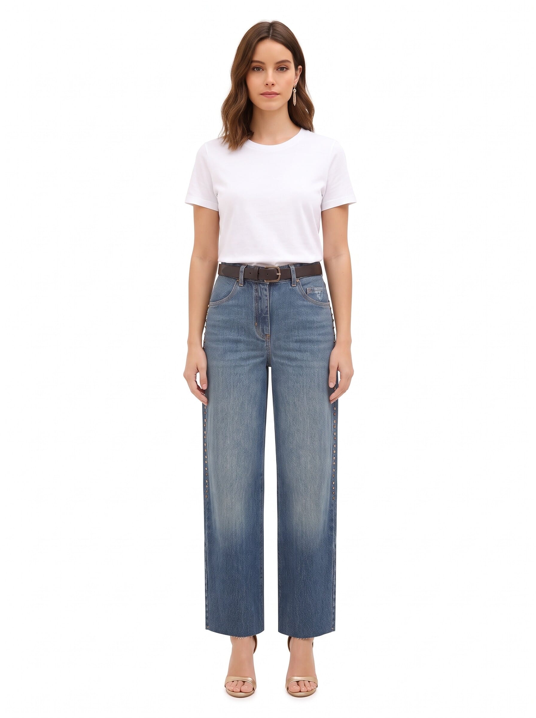 Wide-leg jeans with studs and crystals down the sides – Rinascimento