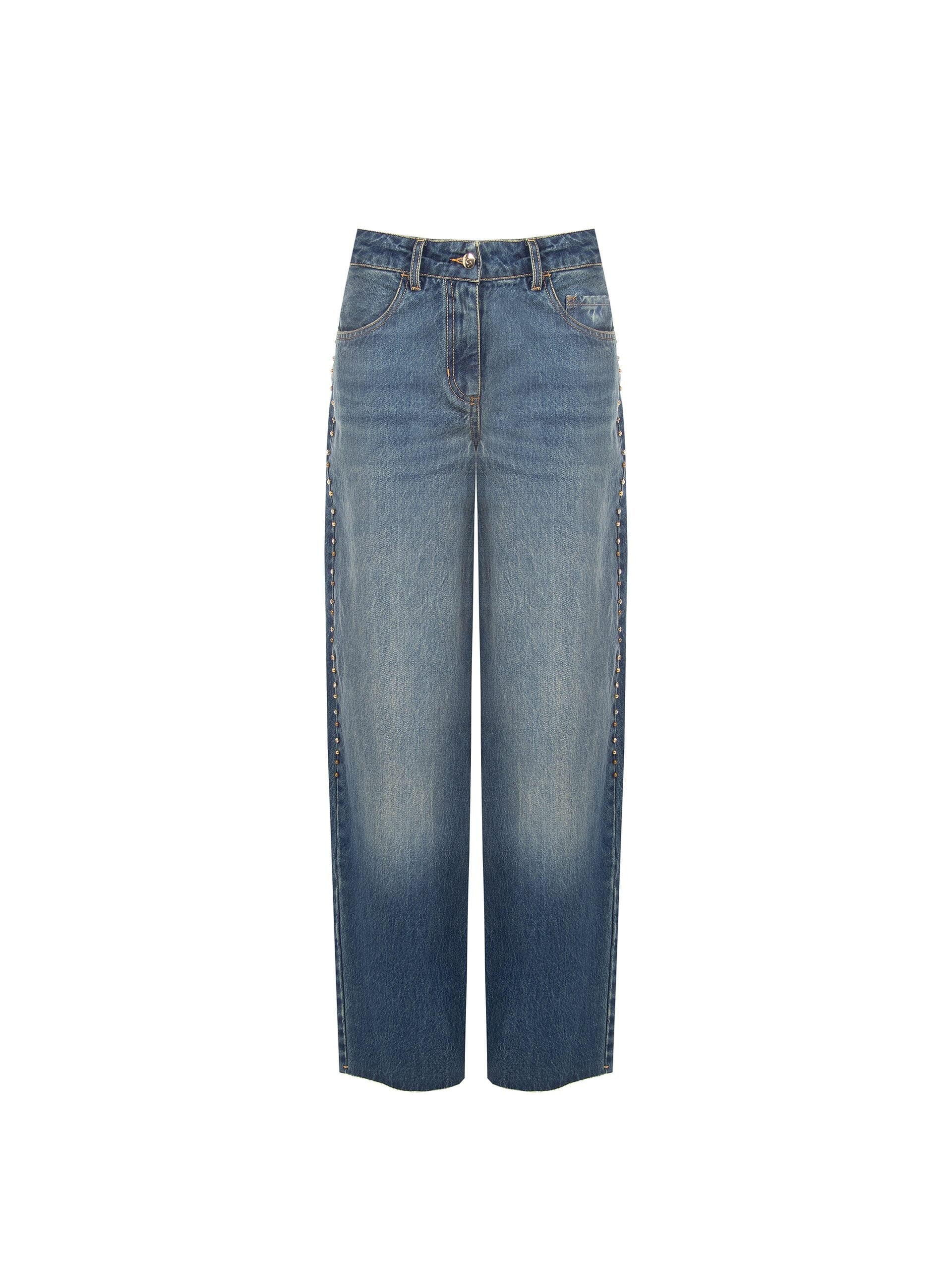 Wide-leg jeans with studs and crystals down the sides – Rinascimento