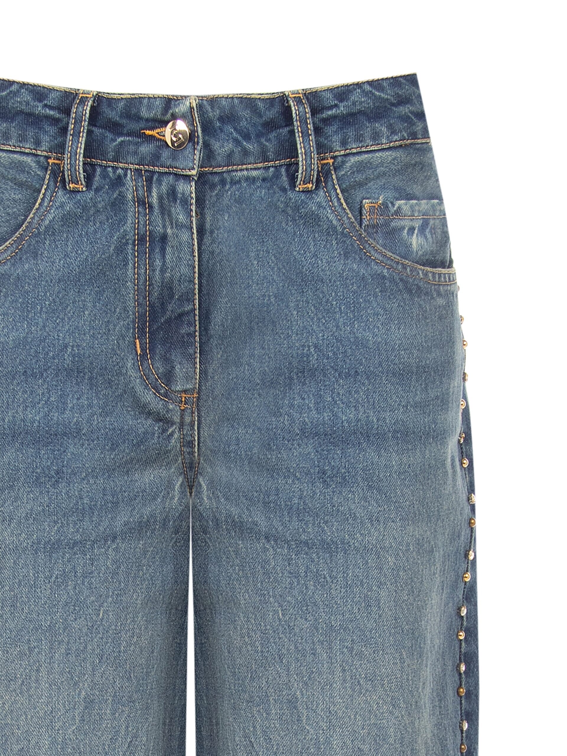 Wide-leg jeans with studs and crystals down the sides – Rinascimento