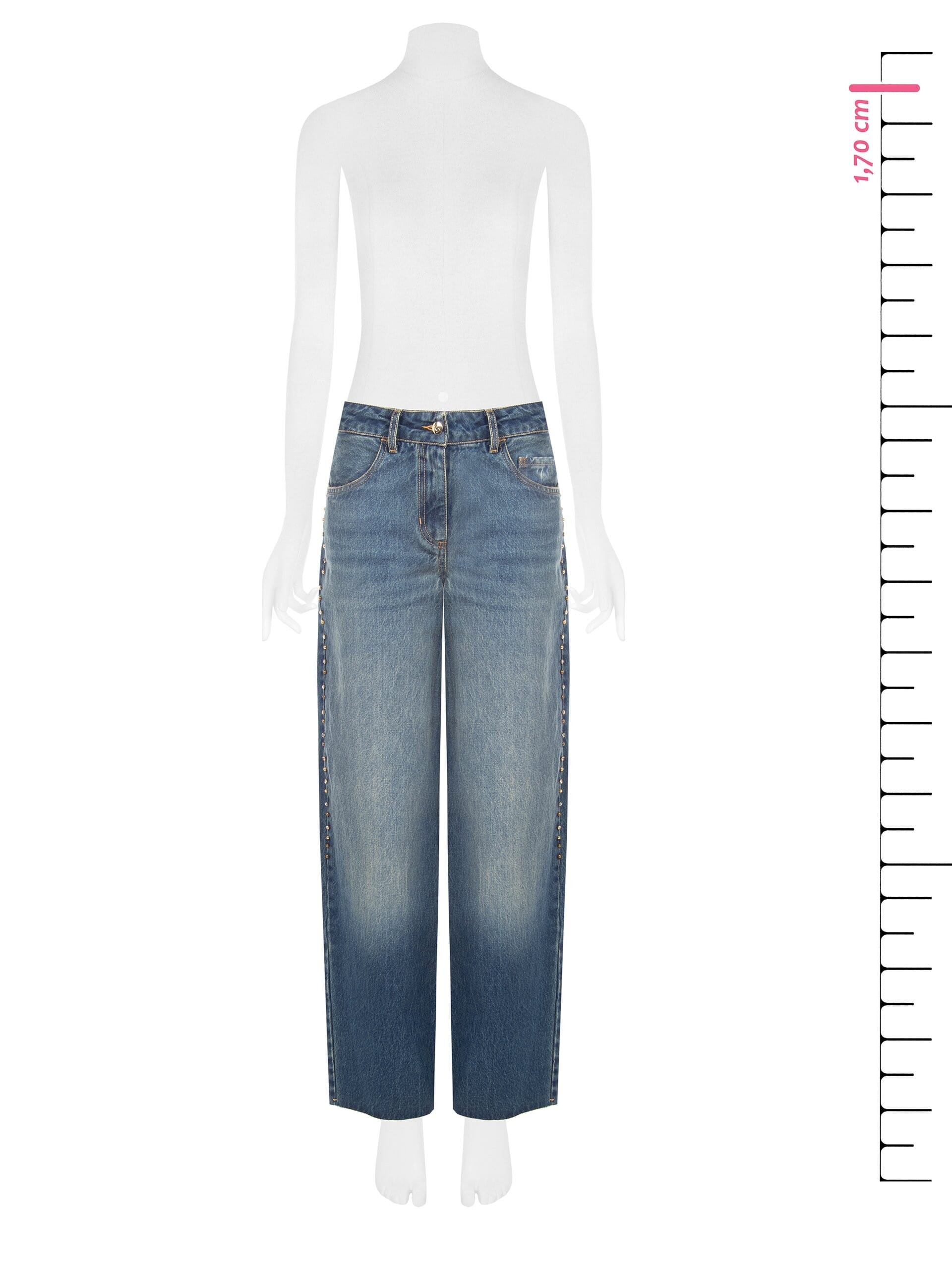 Wide-leg jeans with studs and crystals down the sides – Rinascimento