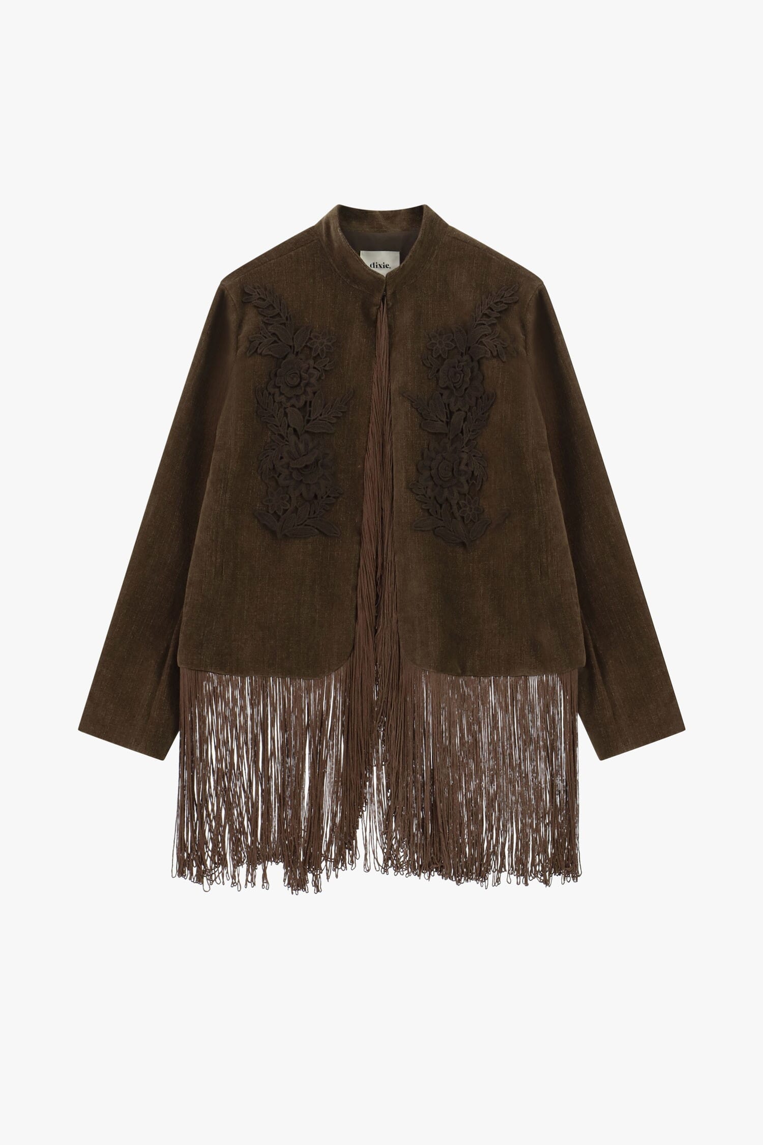 Veste en fausse fourrure avec broderie florale et franges « Dixie »
