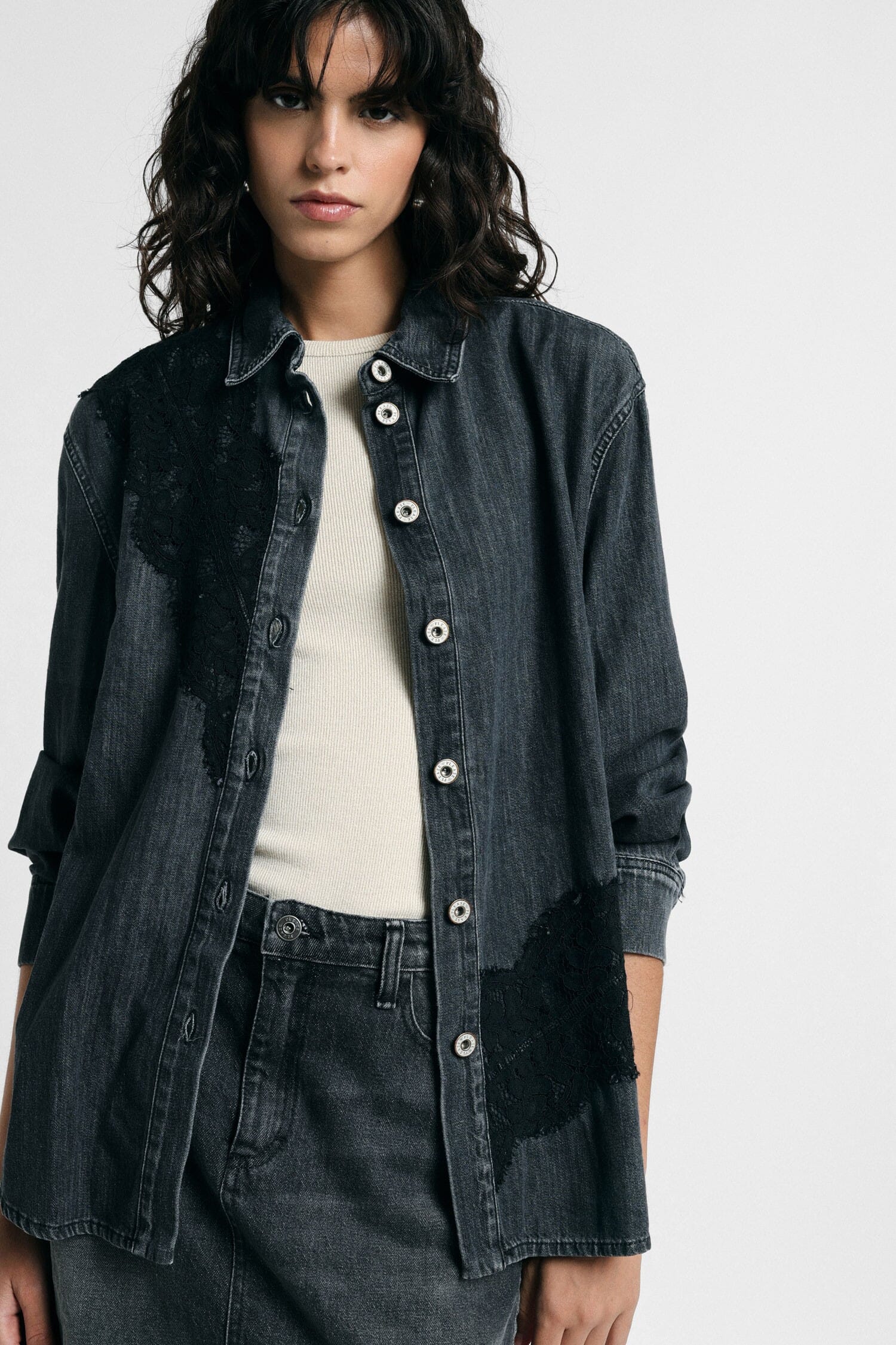 Camicia Denim Con Inserti In Pizzo E Bottoni Please