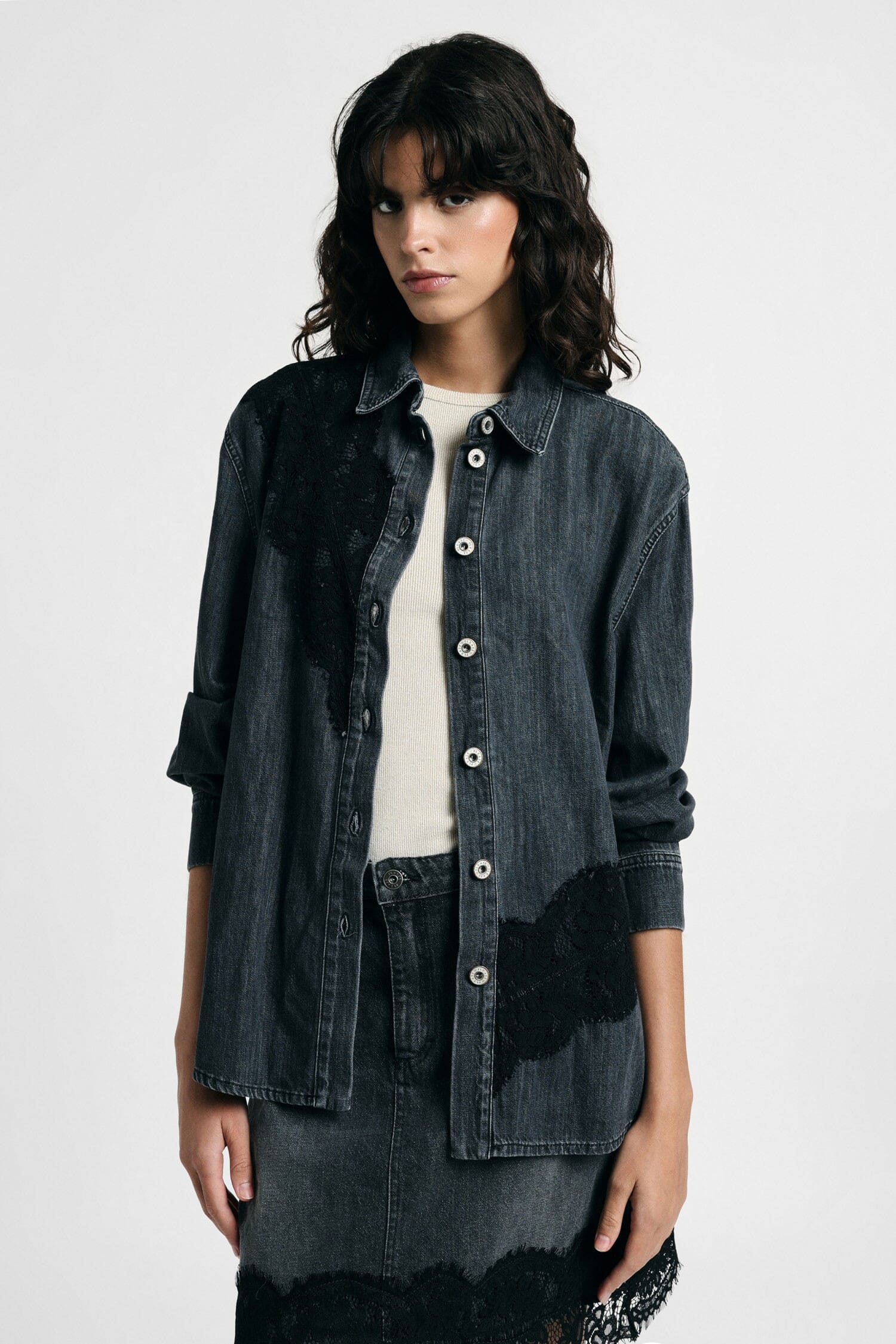 Camicia Denim Con Inserti In Pizzo E Bottoni Please