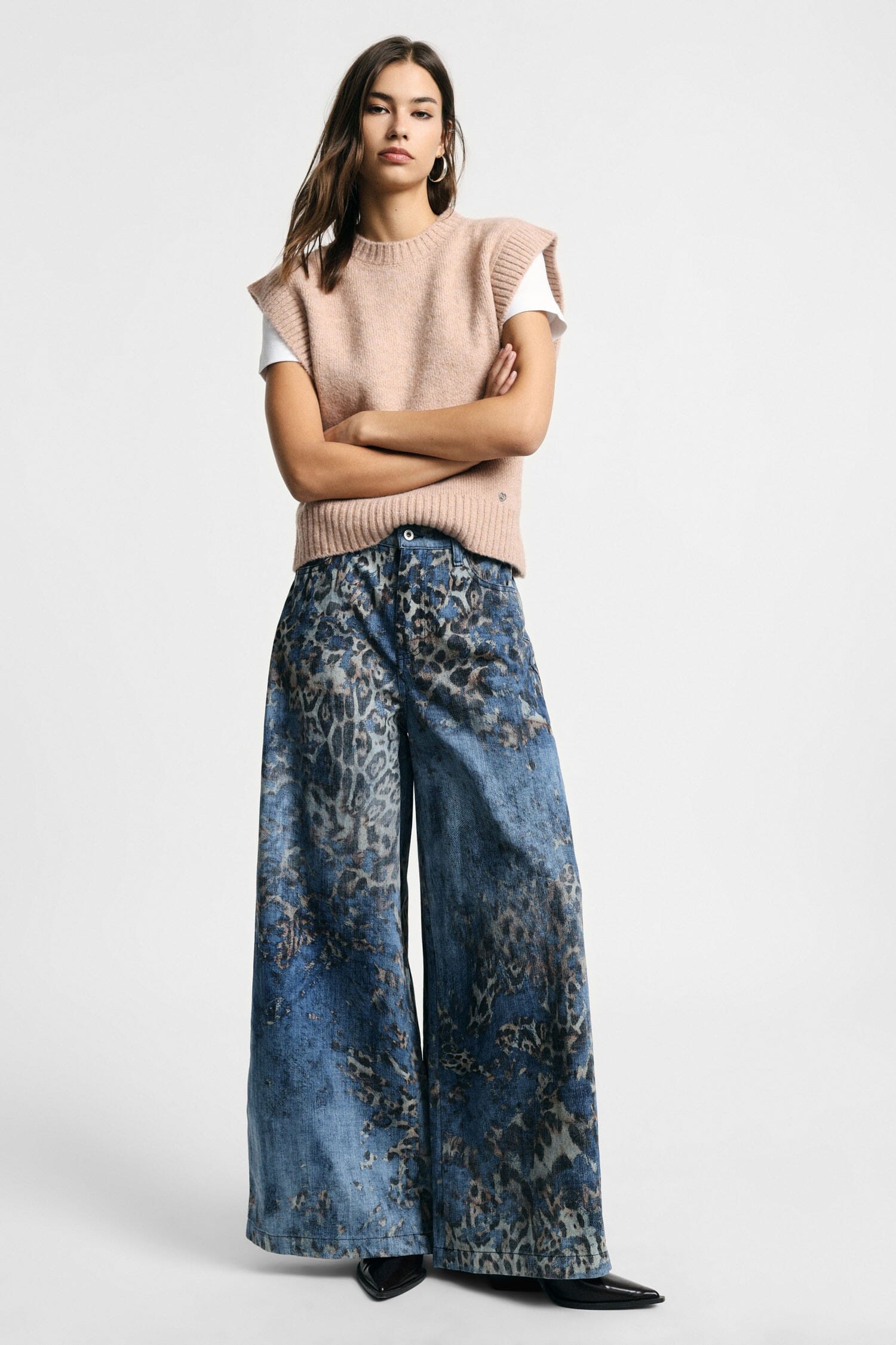 Jeans Animalier A Gamba Molto Ampia Vita Media Please