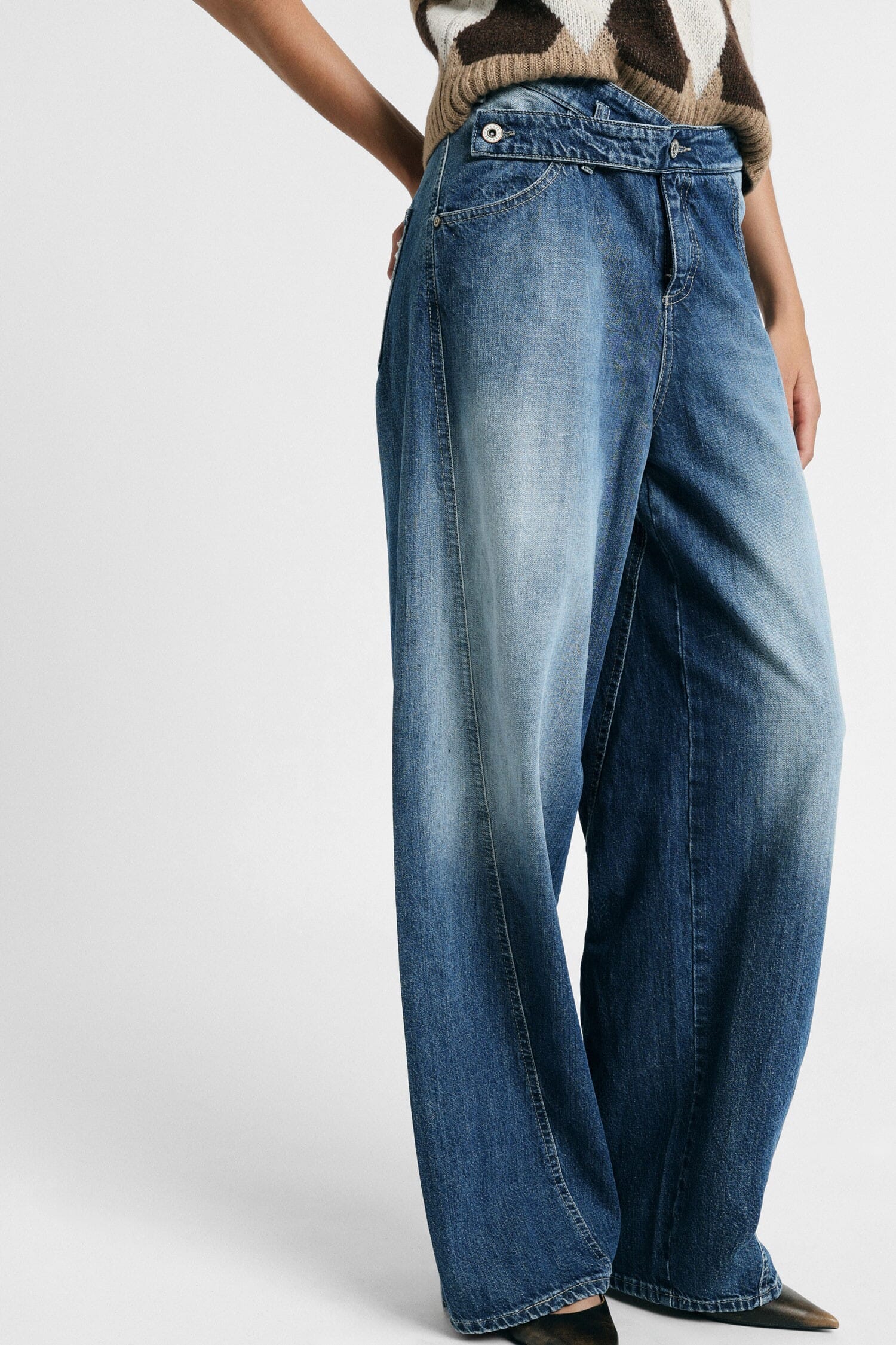 Jeans Wide Leg Vita Media Effetto Slavato Please
