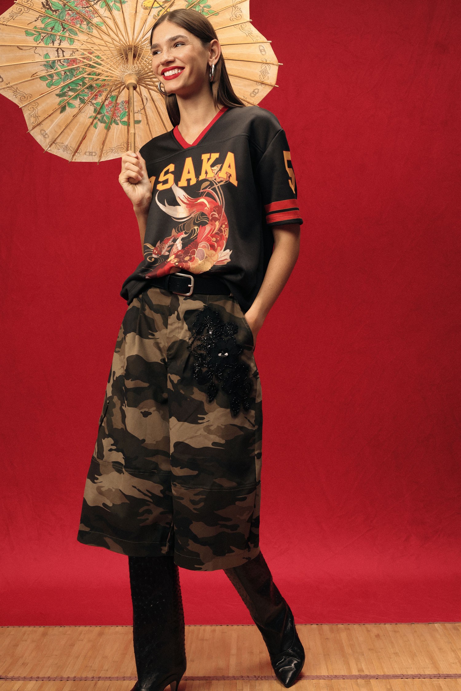 Dixie Camouflage-Print Wide-Leg Shorts with Floral Motif