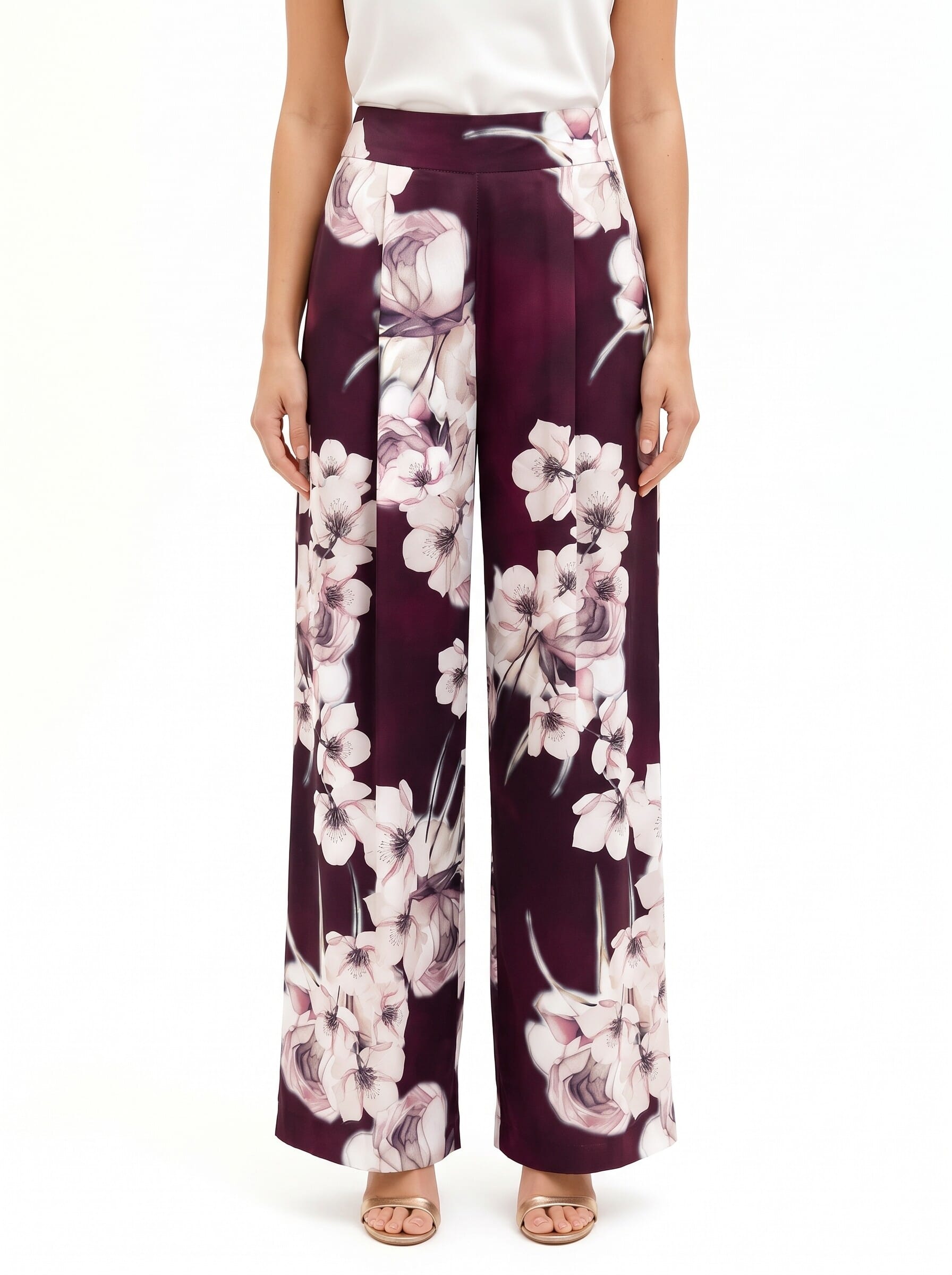 Pantaloni Palazzo In Raso A Fiori Con Pinces Rinascimento