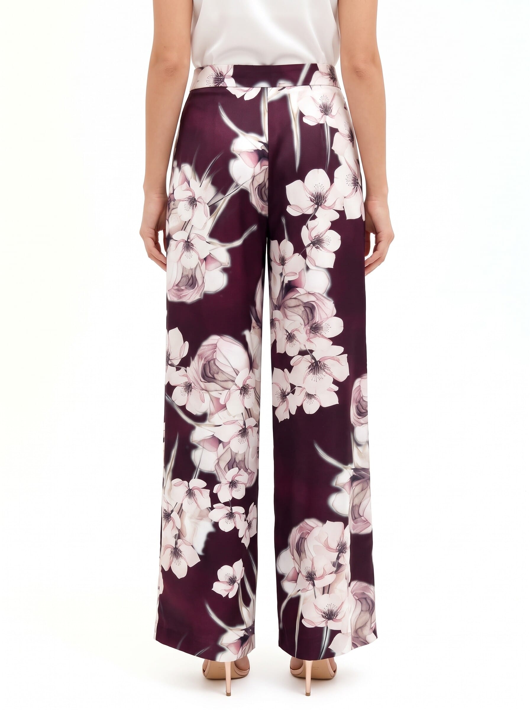 Pantaloni Palazzo In Raso A Fiori Con Pinces Rinascimento
