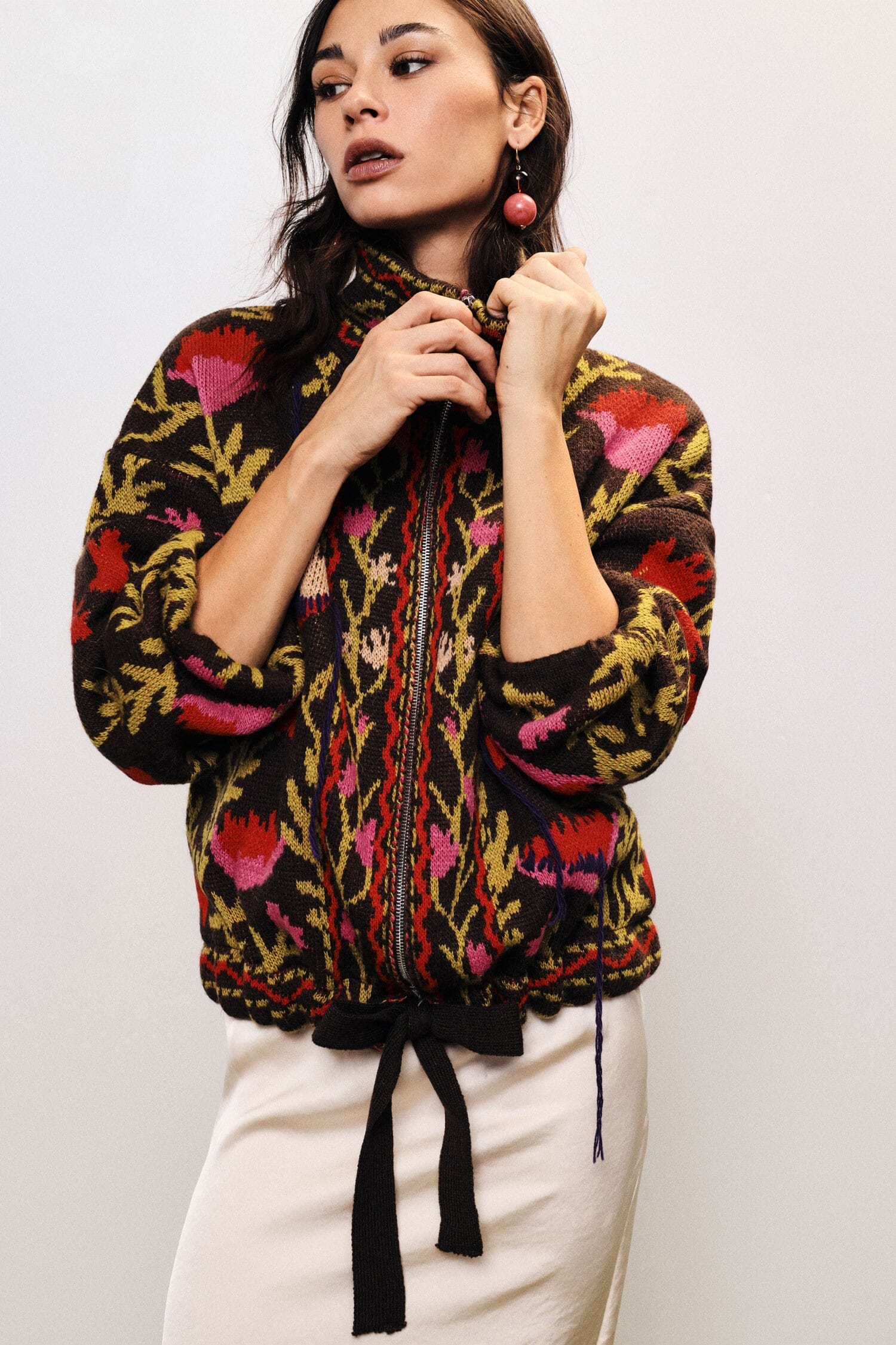 Cardigan Con Zip E Motivo Floreale Jacquard Dixie