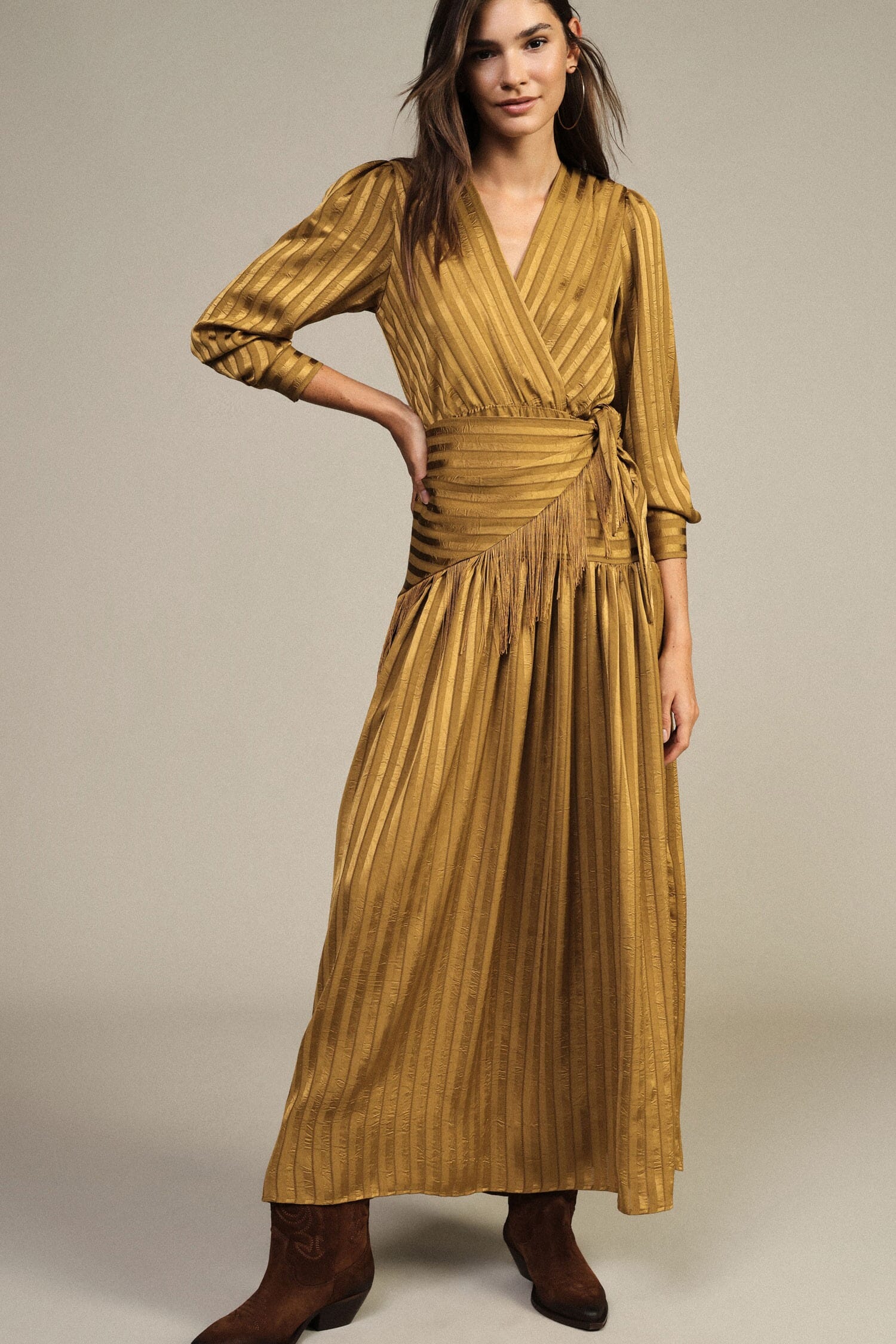 Dixie Long Wrap-Around Dress with Fringes and Long Sleeves