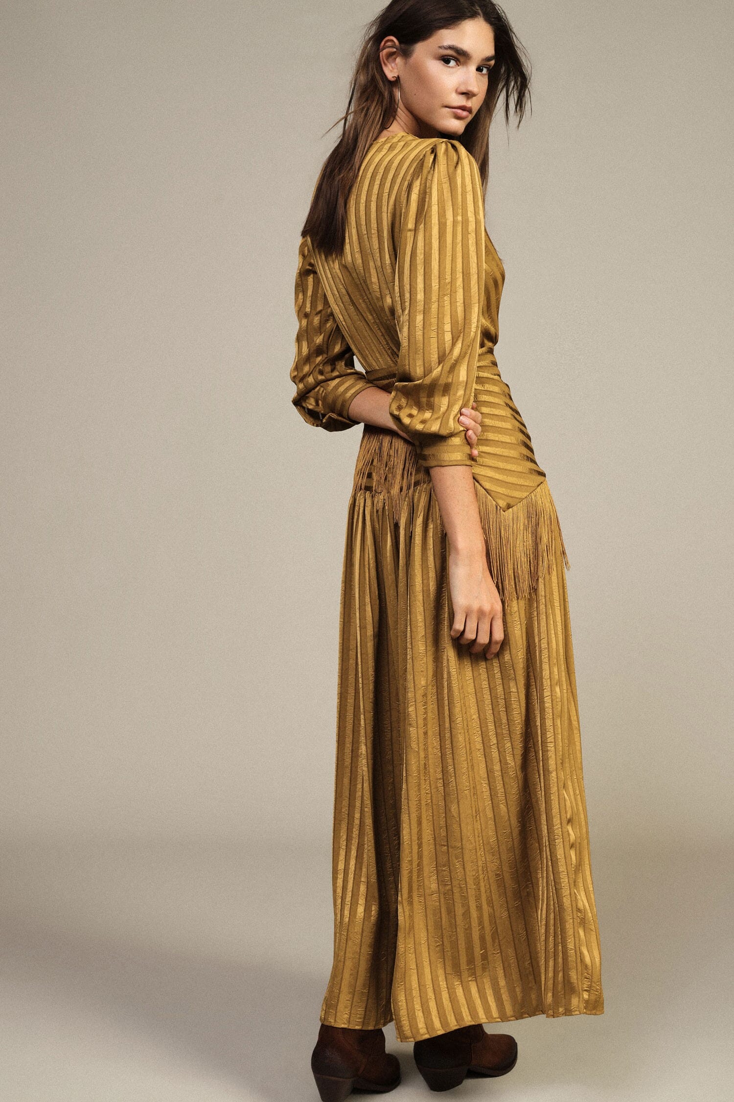 Dixie Long Wrap-Around Dress with Fringes and Long Sleeves