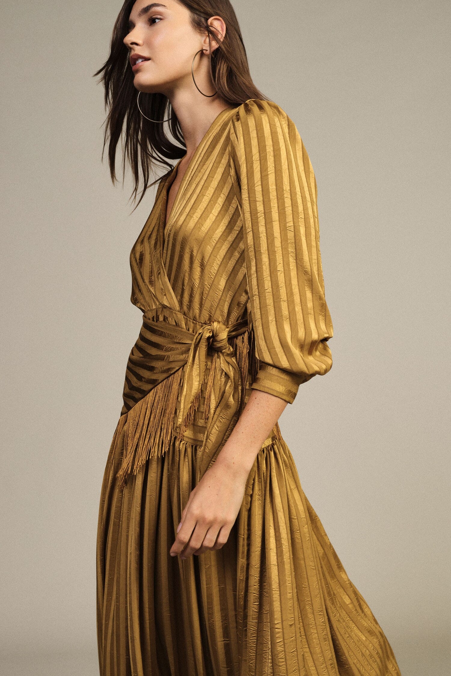 Dixie Long Wrap-Around Dress with Fringes and Long Sleeves