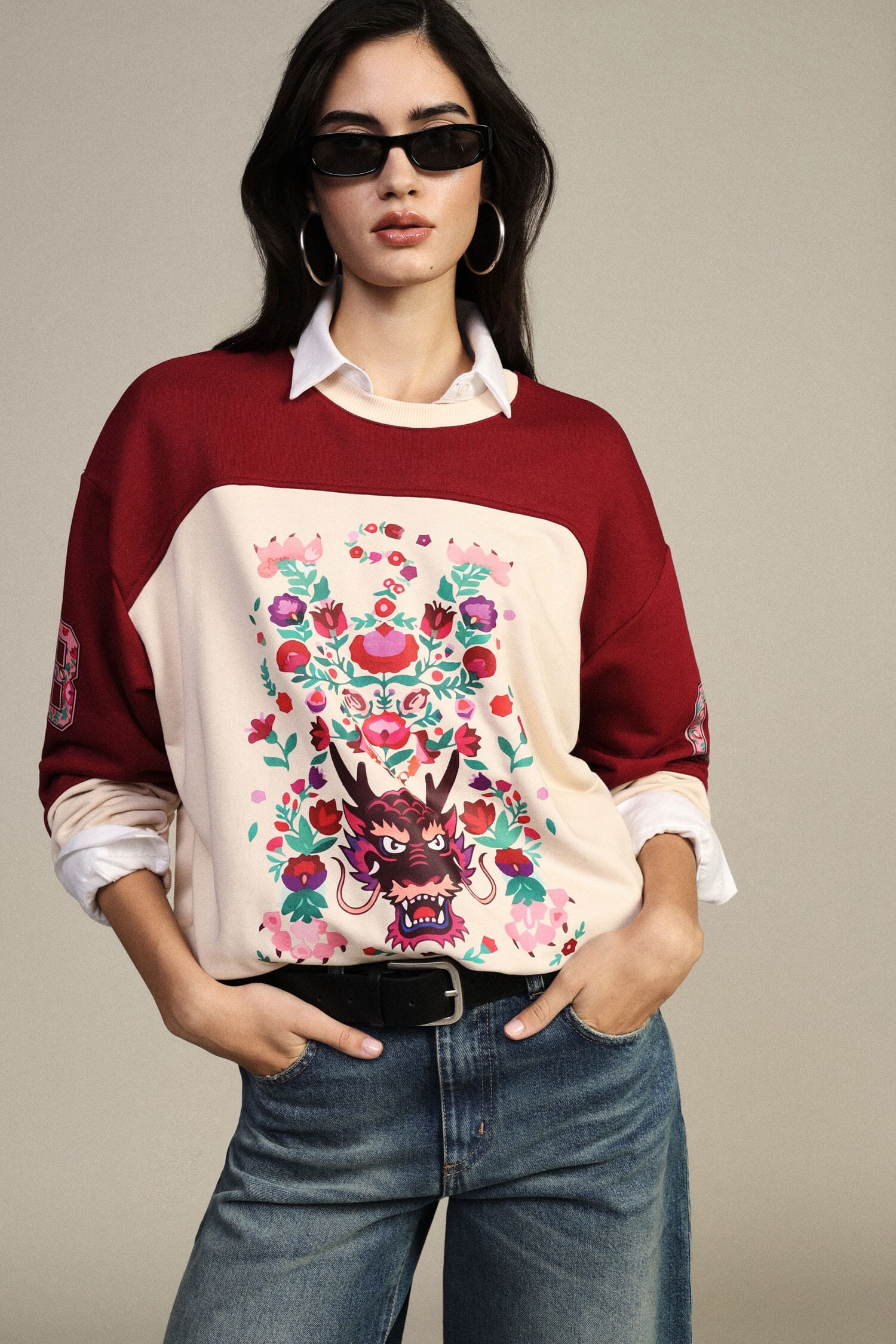 Dixie Crew-neck Sweatshirt with Floral Print and Graphic Details