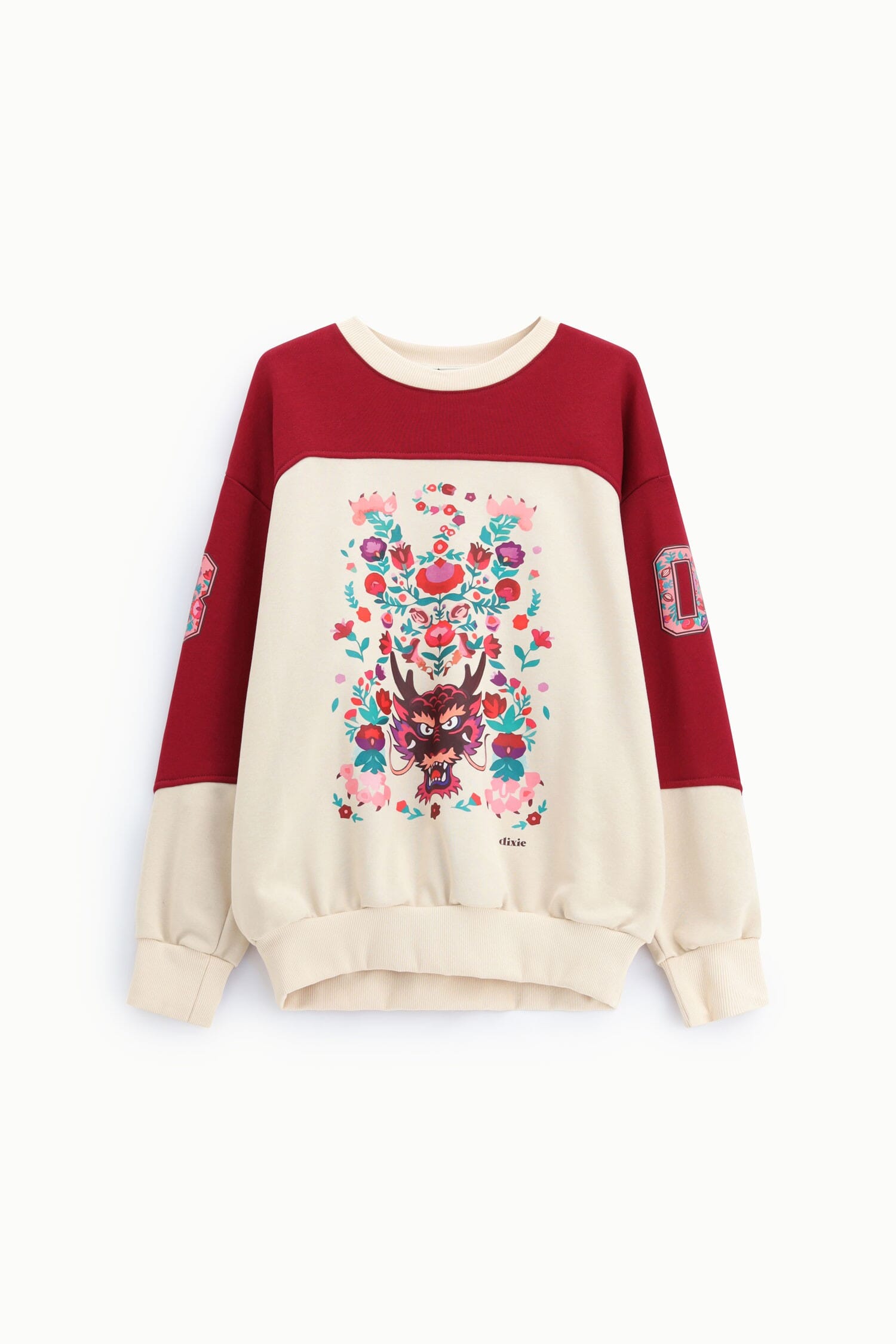 Dixie Crew-neck Sweatshirt with Floral Print and Graphic Details