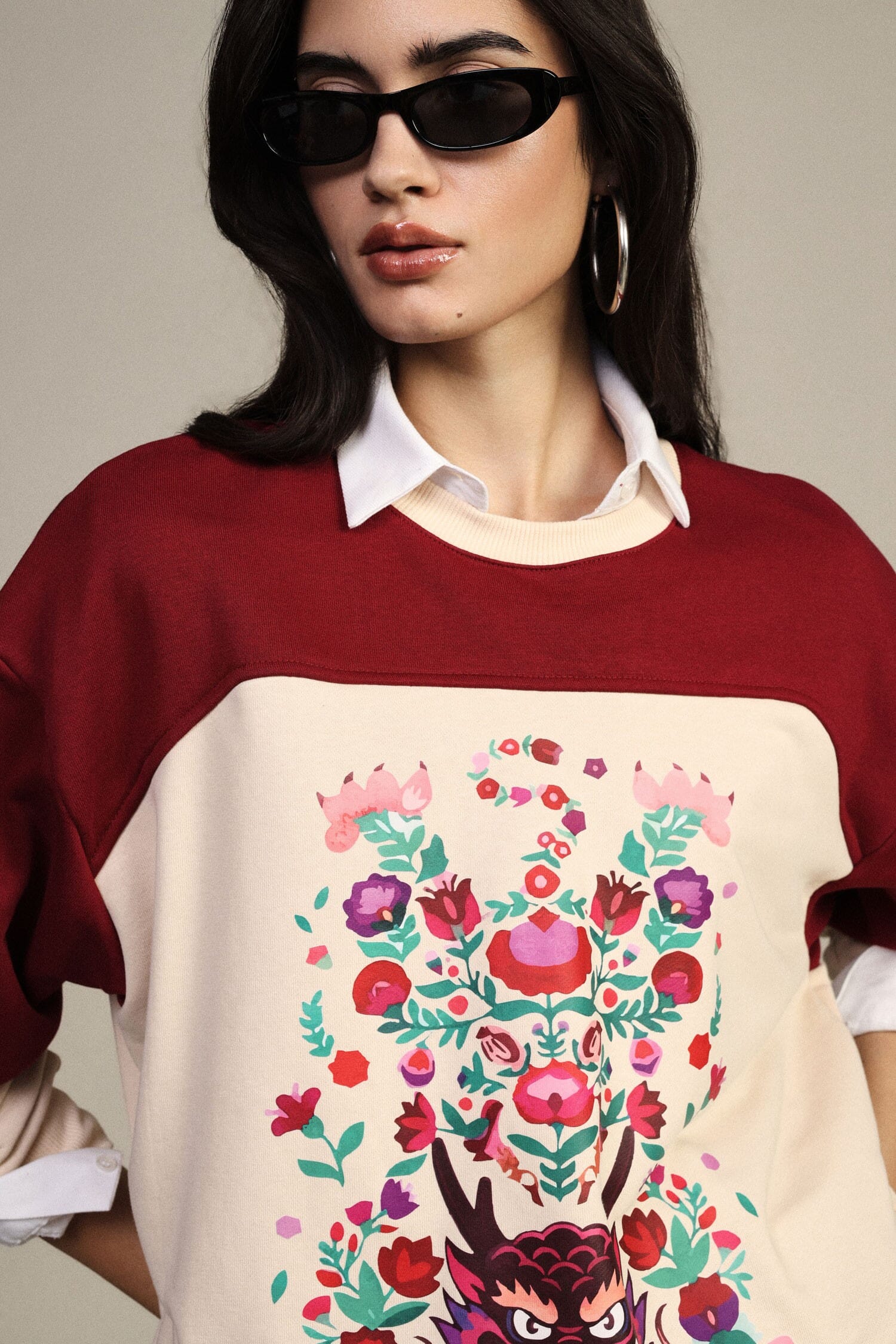 Dixie Crew-neck Sweatshirt with Floral Print and Graphic Details