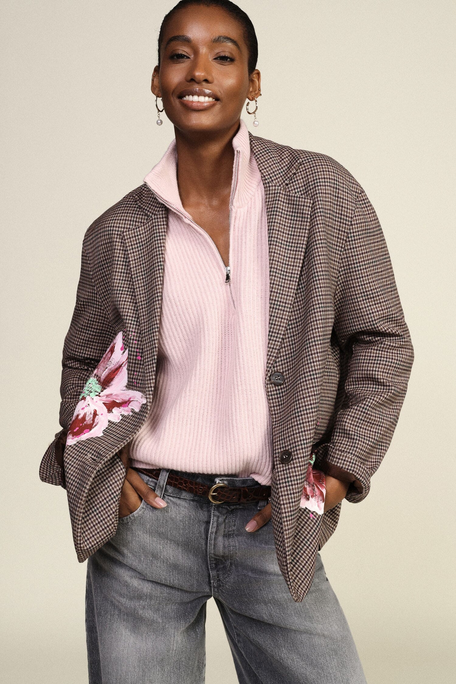 Blazer à carreaux fantaisie avec des fleurs peintes « Dixie »