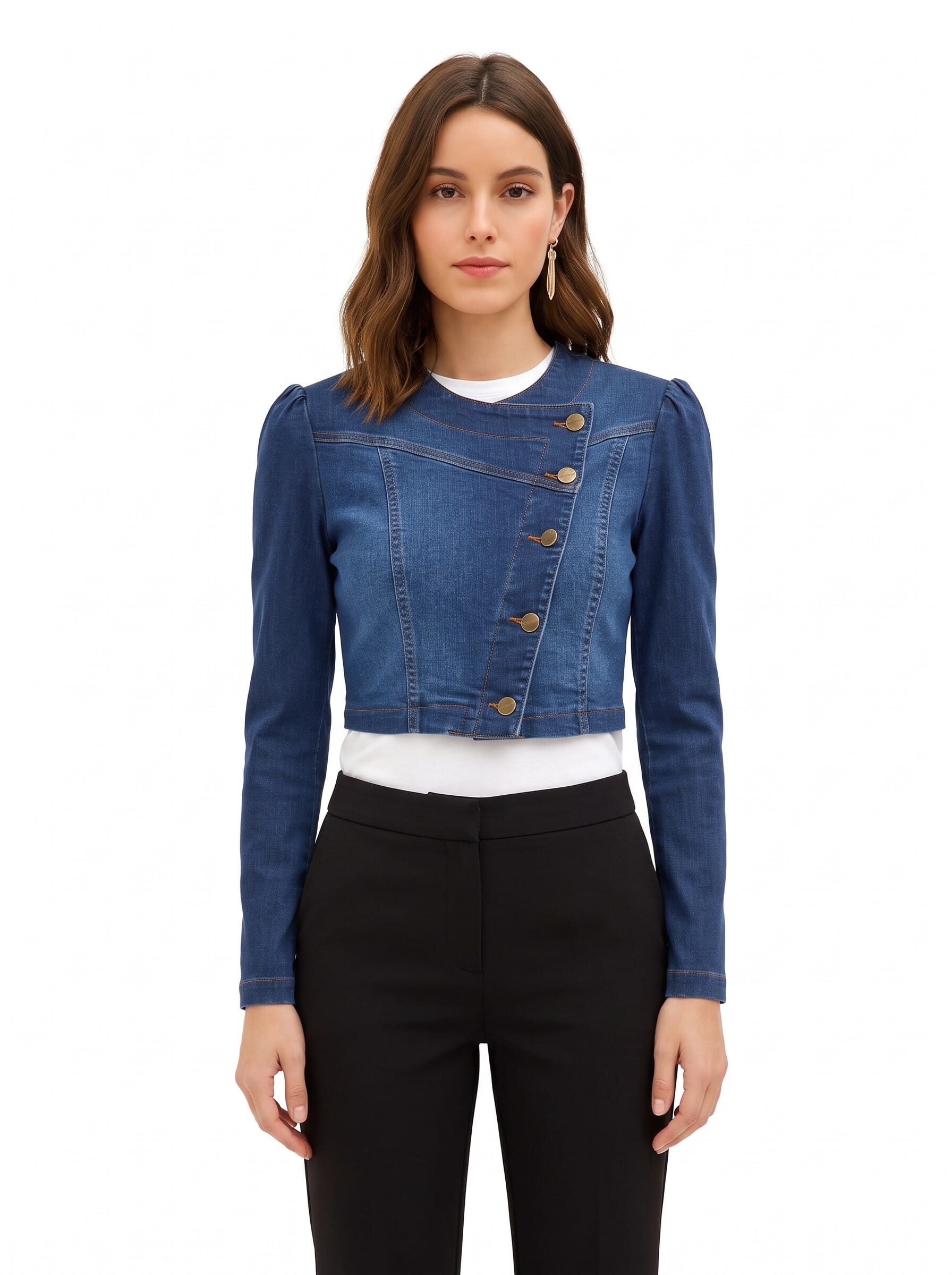 Giacca Crop In Denim Con Abbottonatura Asimmetrica Rinascimento