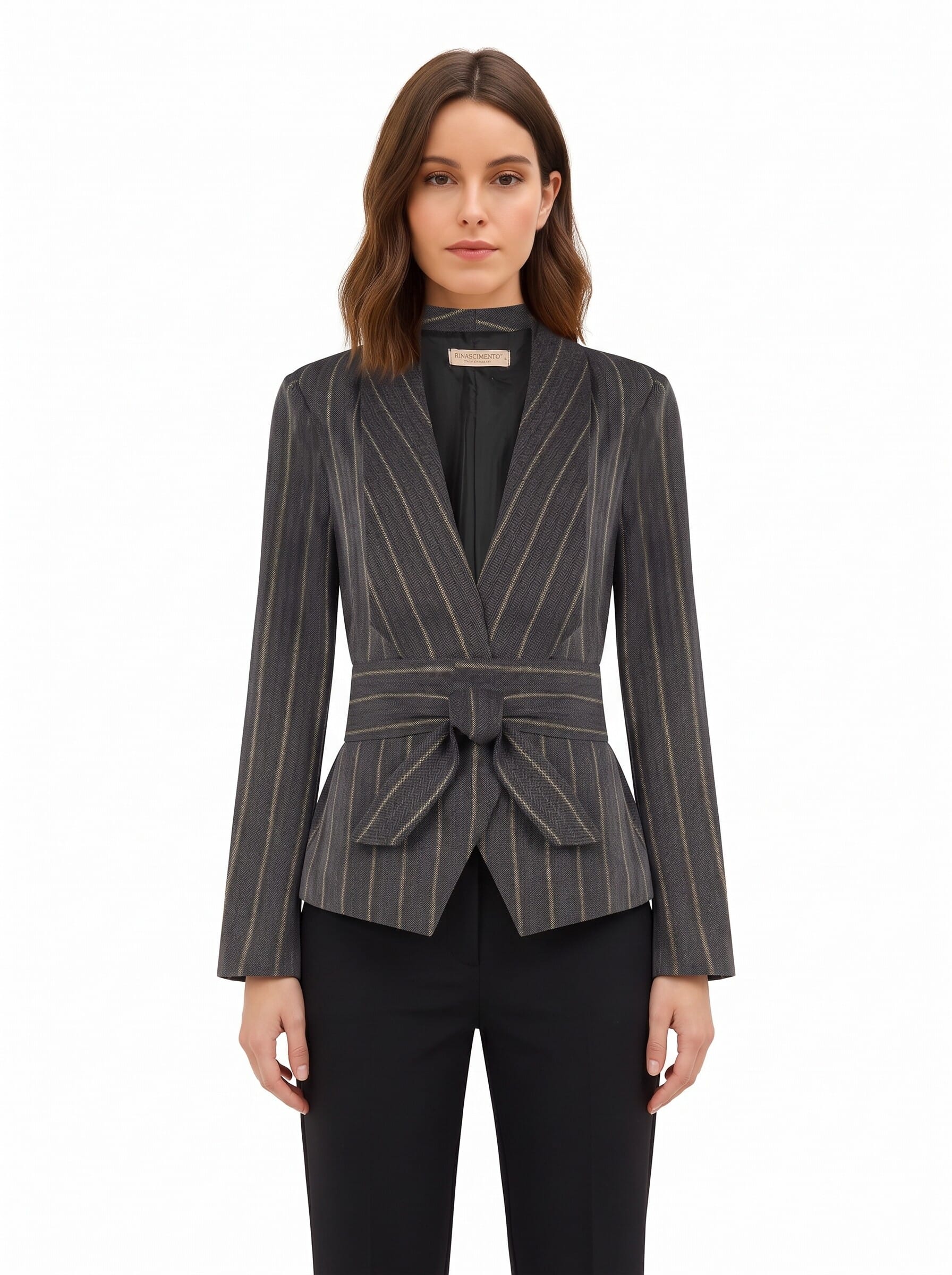 Giacca Blazer In Misto Cotone A Righe Con Maxi Revers E Cintura Coordinata Rinascimento