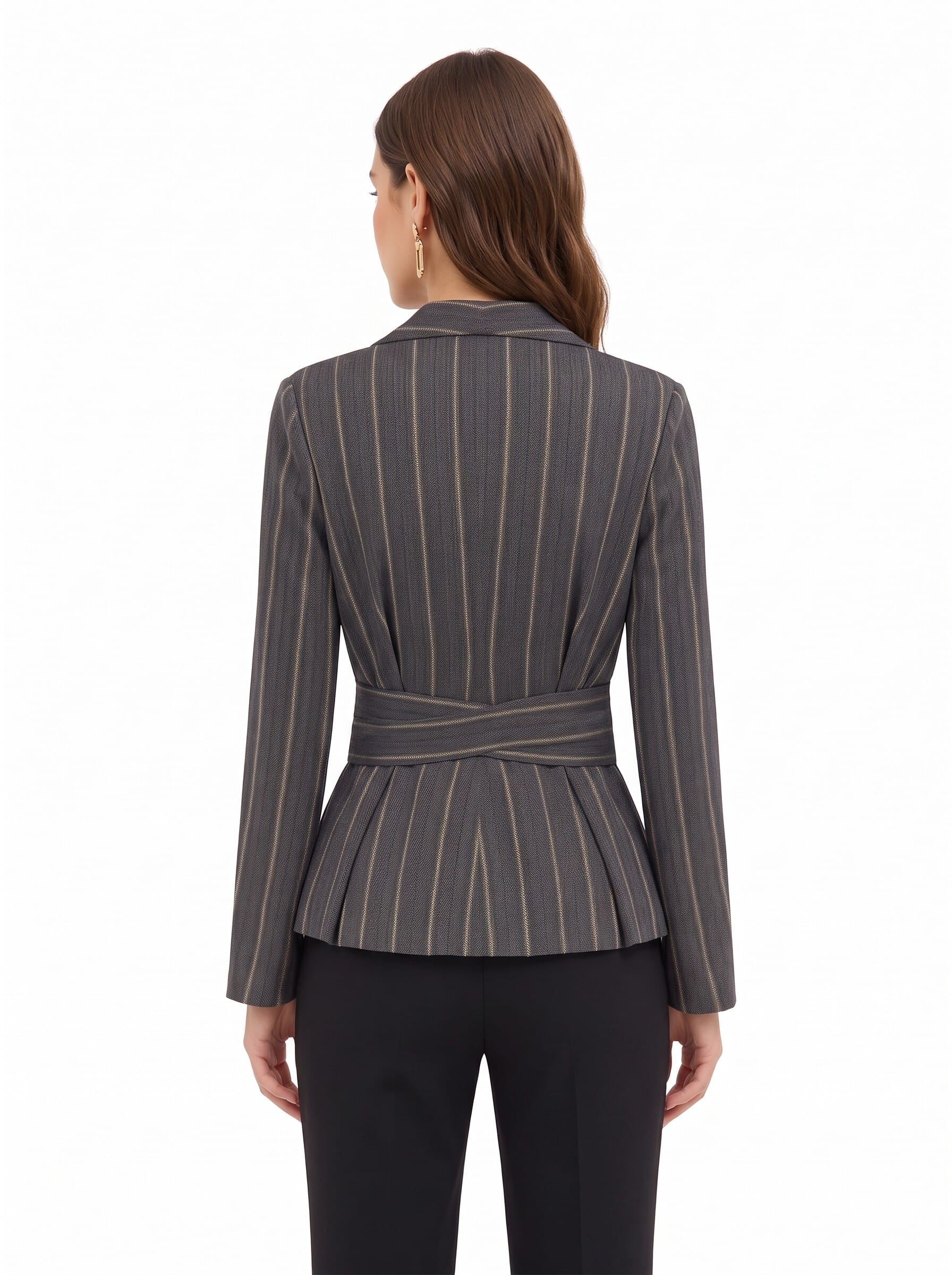 Giacca Blazer In Misto Cotone A Righe Con Maxi Revers E Cintura Coordinata Rinascimento
