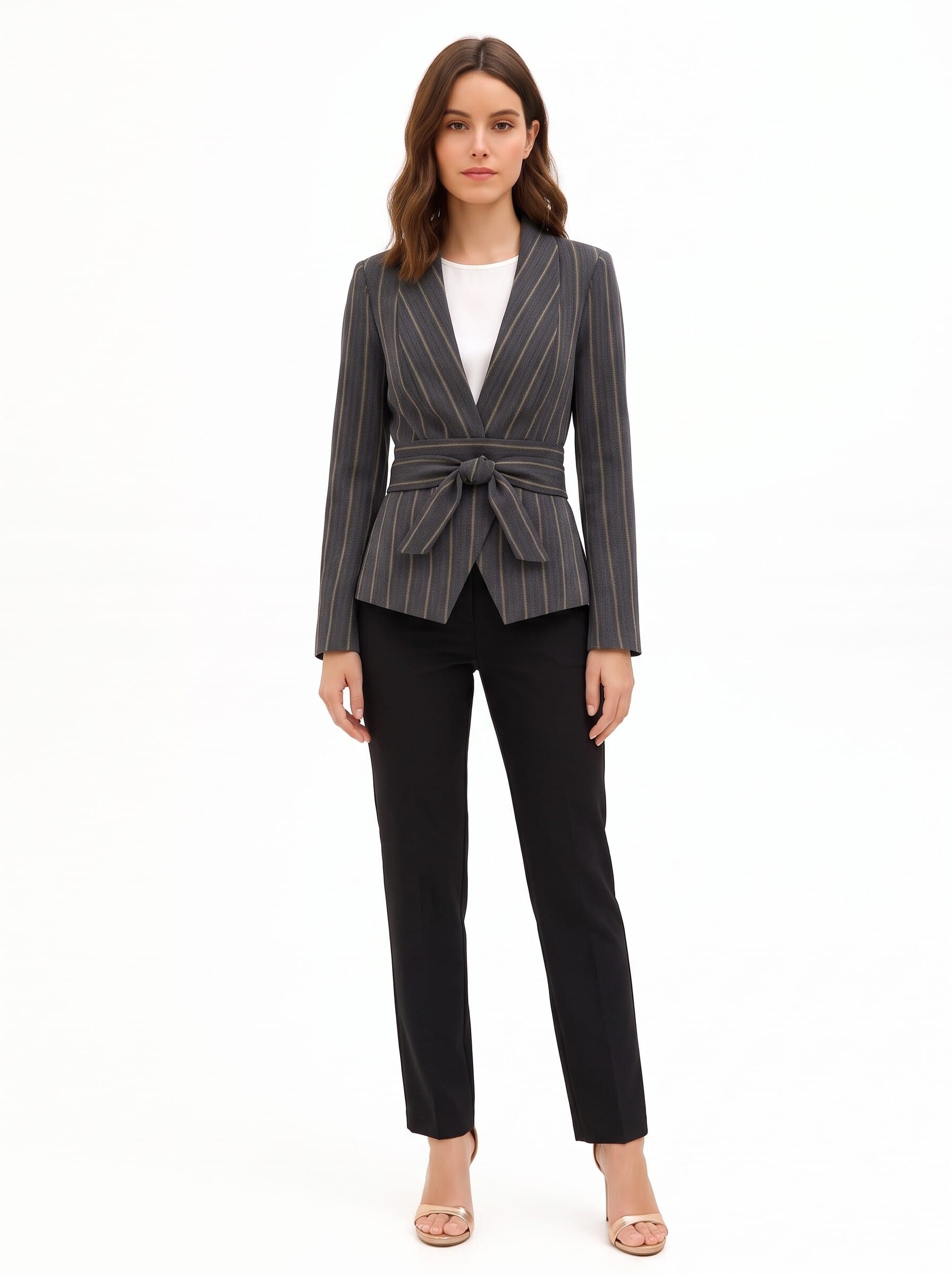 Giacca Blazer In Misto Cotone A Righe Con Maxi Revers E Cintura Coordinata Rinascimento