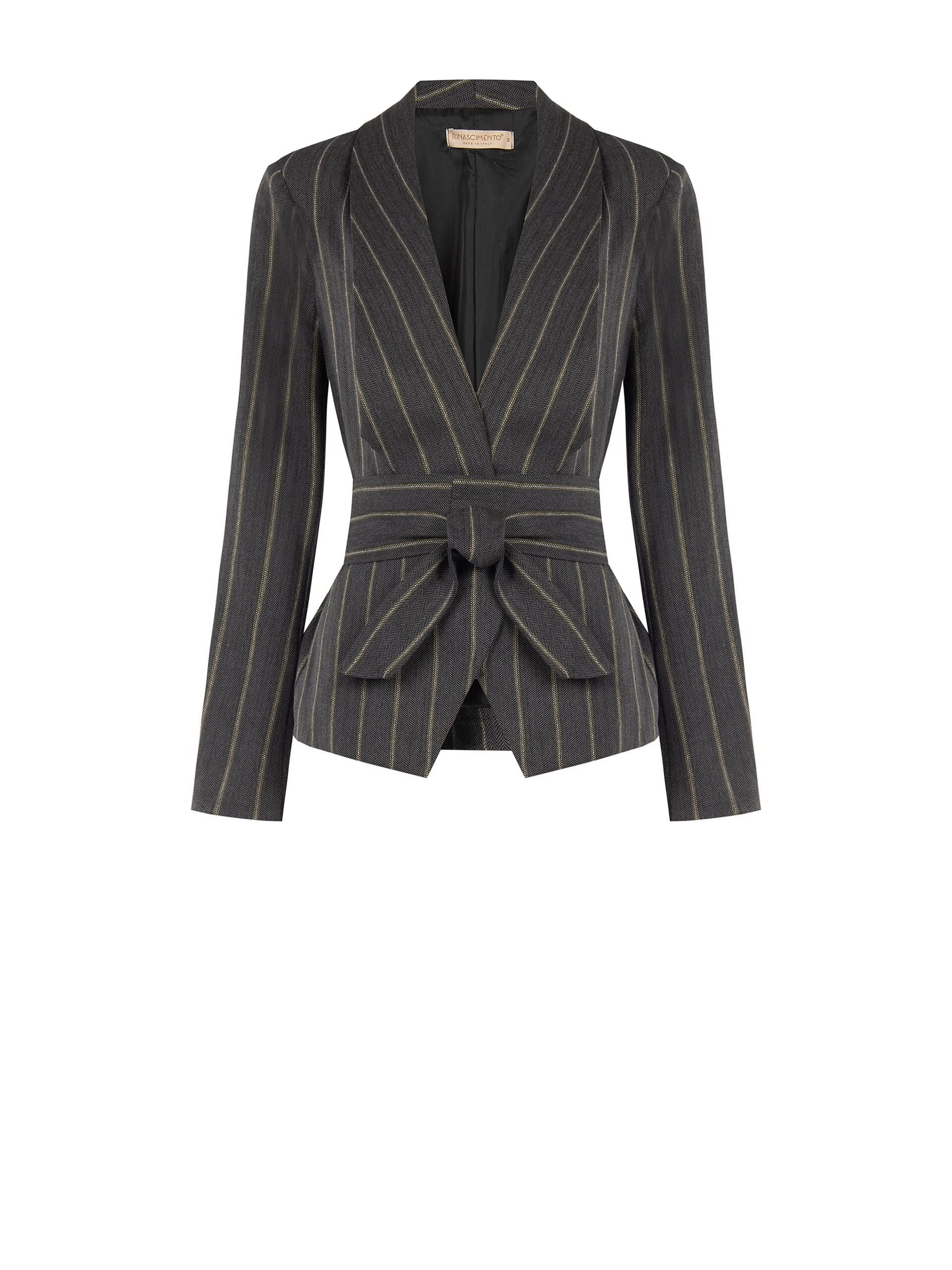 Giacca Blazer In Misto Cotone A Righe Con Maxi Revers E Cintura Coordinata Rinascimento