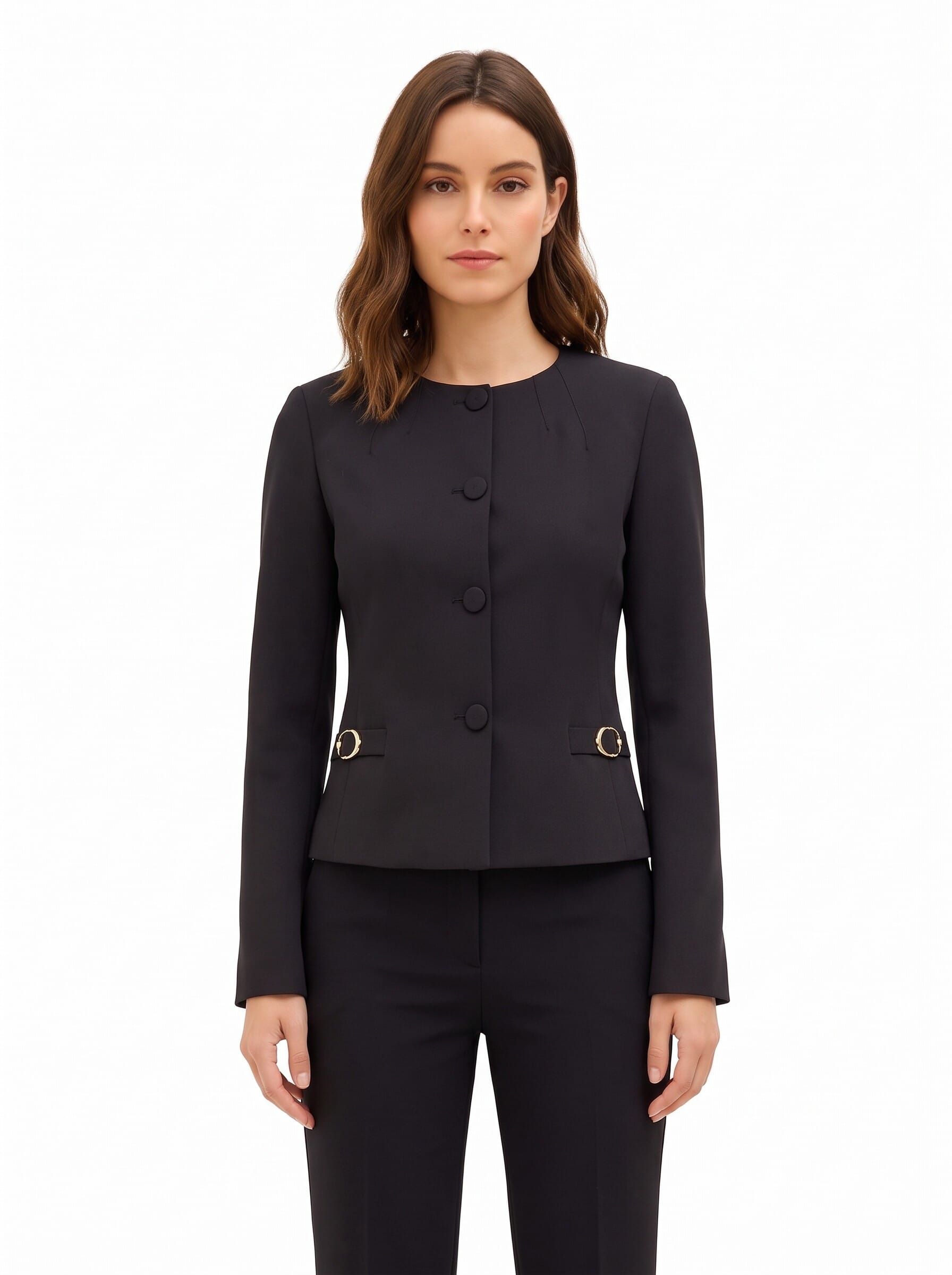 Veste blazer courte en tissu technique, sans revers, avec boucles décoratives « Rinascimento »