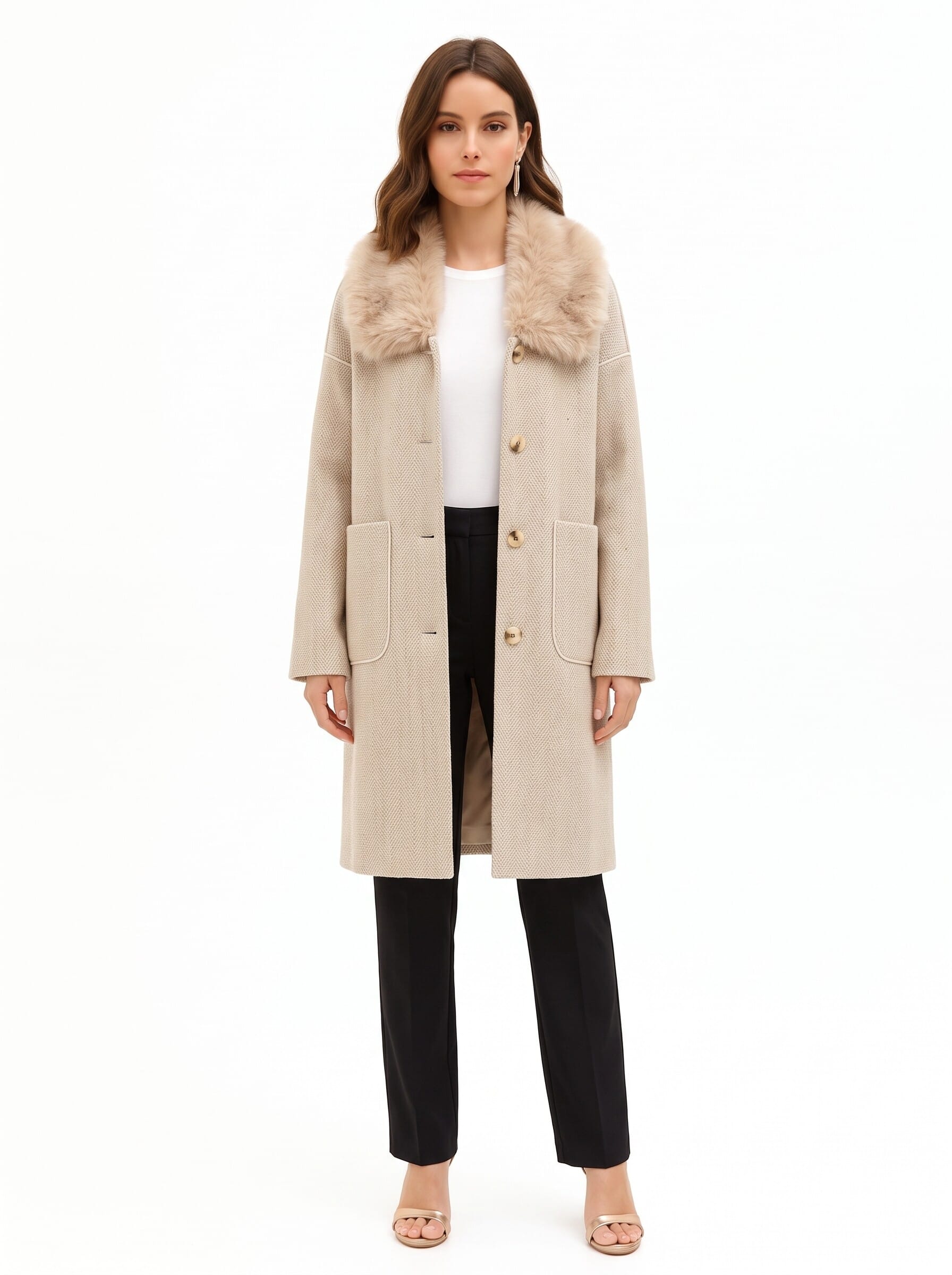 Cappotto Lungo Spinato Con Maxi Tasche E Collo In Pelliccia Sintetica Removibile Rinascimento
