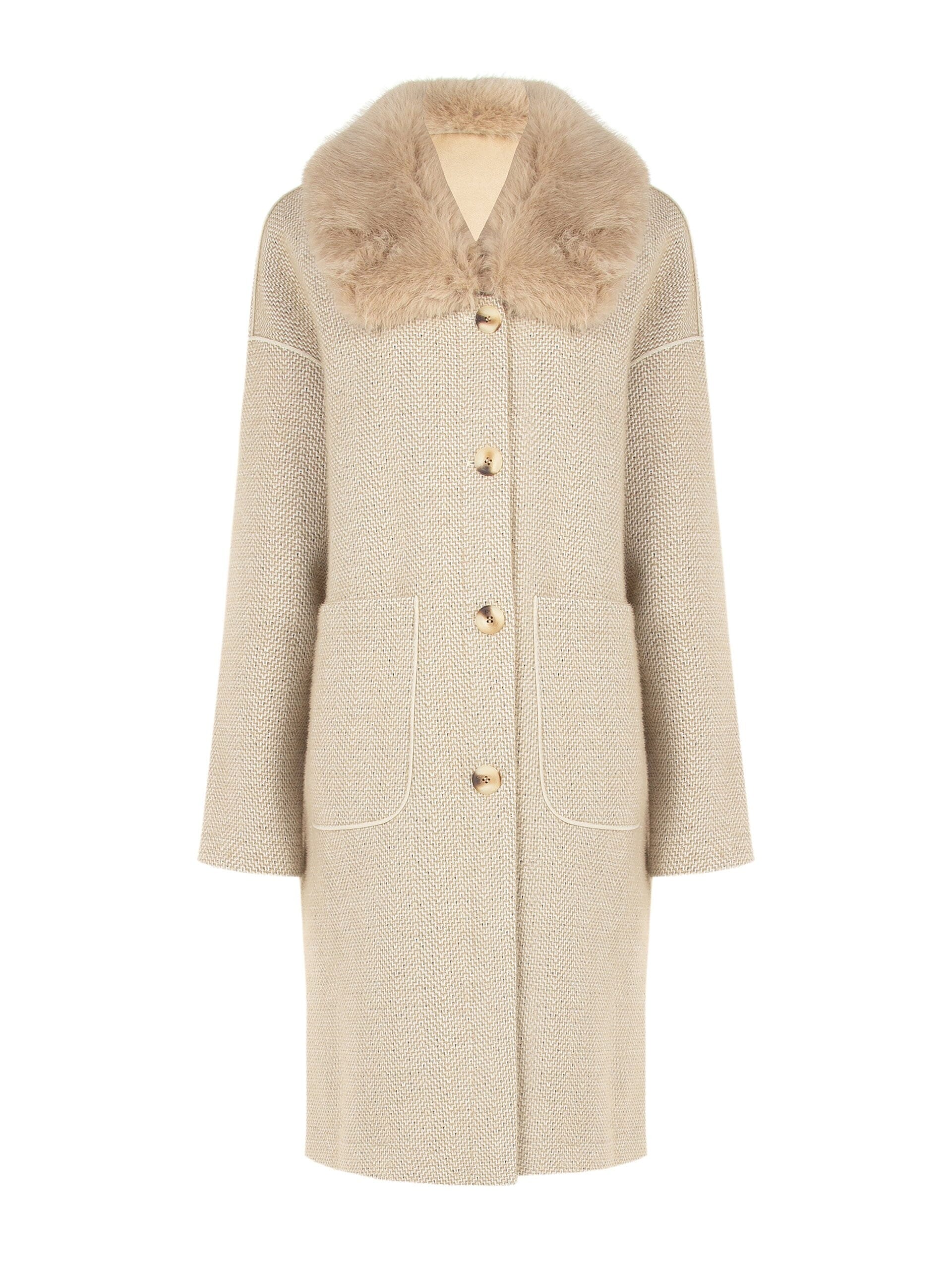 Cappotto Lungo Spinato Con Maxi Tasche E Collo In Pelliccia Sintetica Removibile Rinascimento