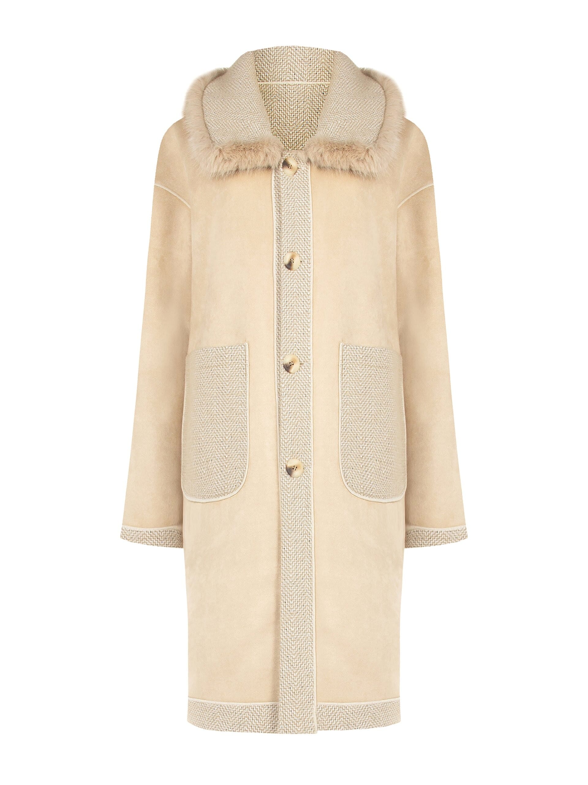 Cappotto Lungo Spinato Con Maxi Tasche E Collo In Pelliccia Sintetica Removibile Rinascimento