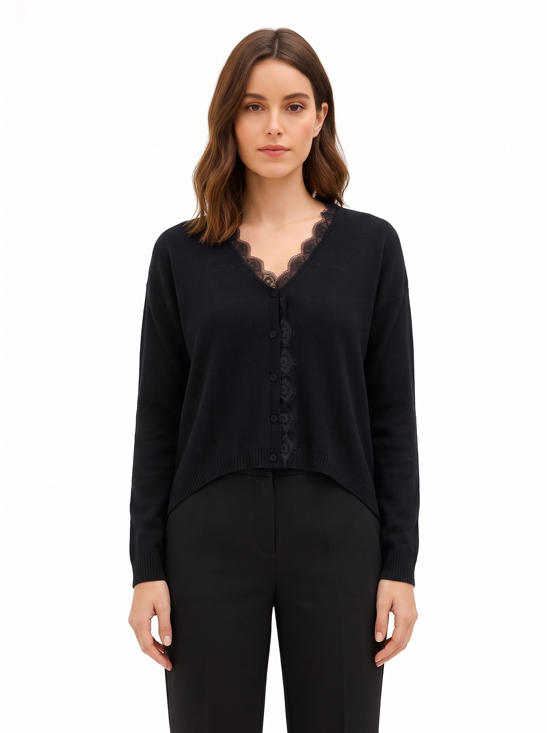 Cardigan fin oversize en laine, col en V et détail en dentelle Rinascimento