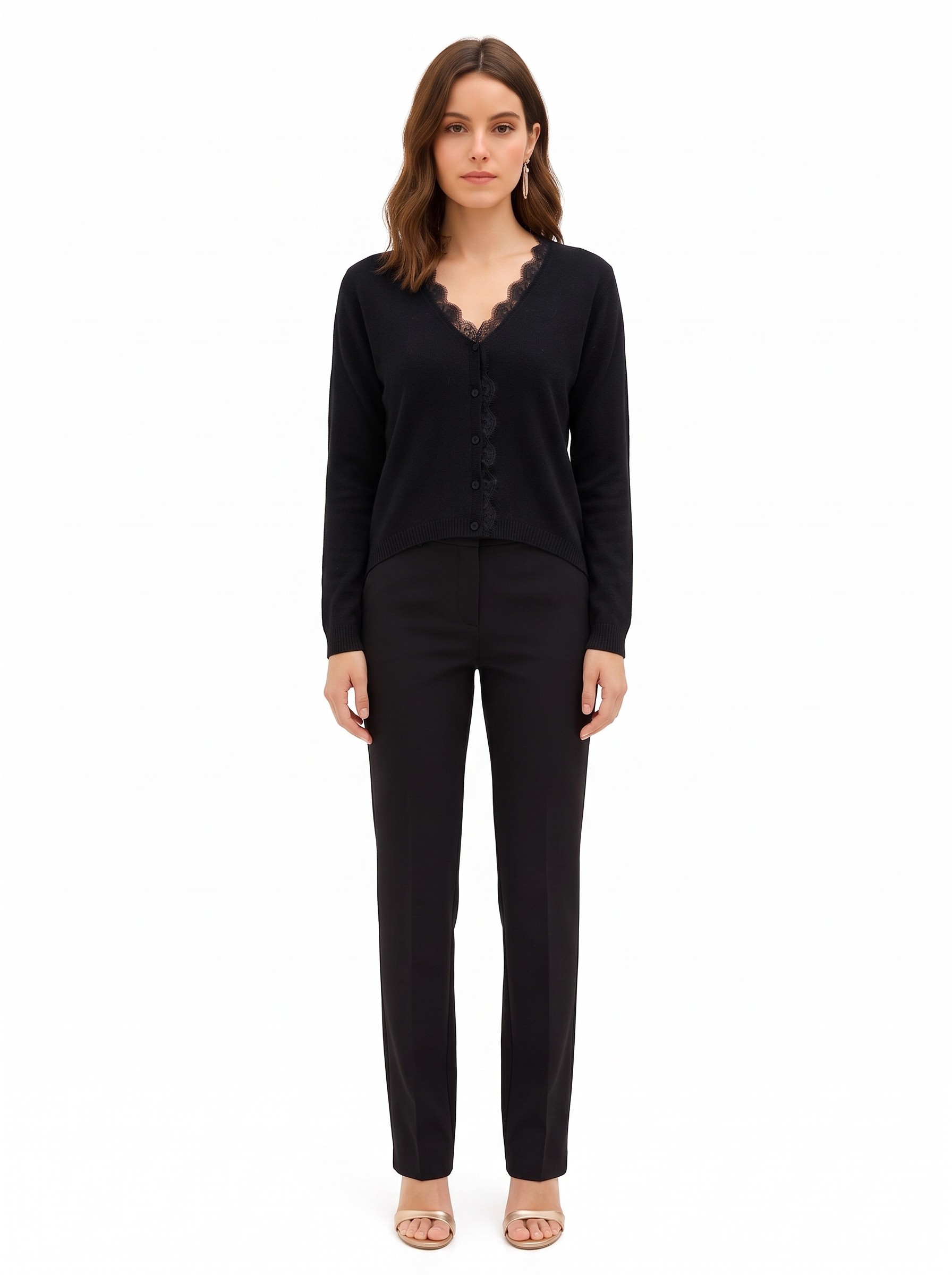 Cardigan fin oversize en laine, col en V et détail en dentelle Rinascimento