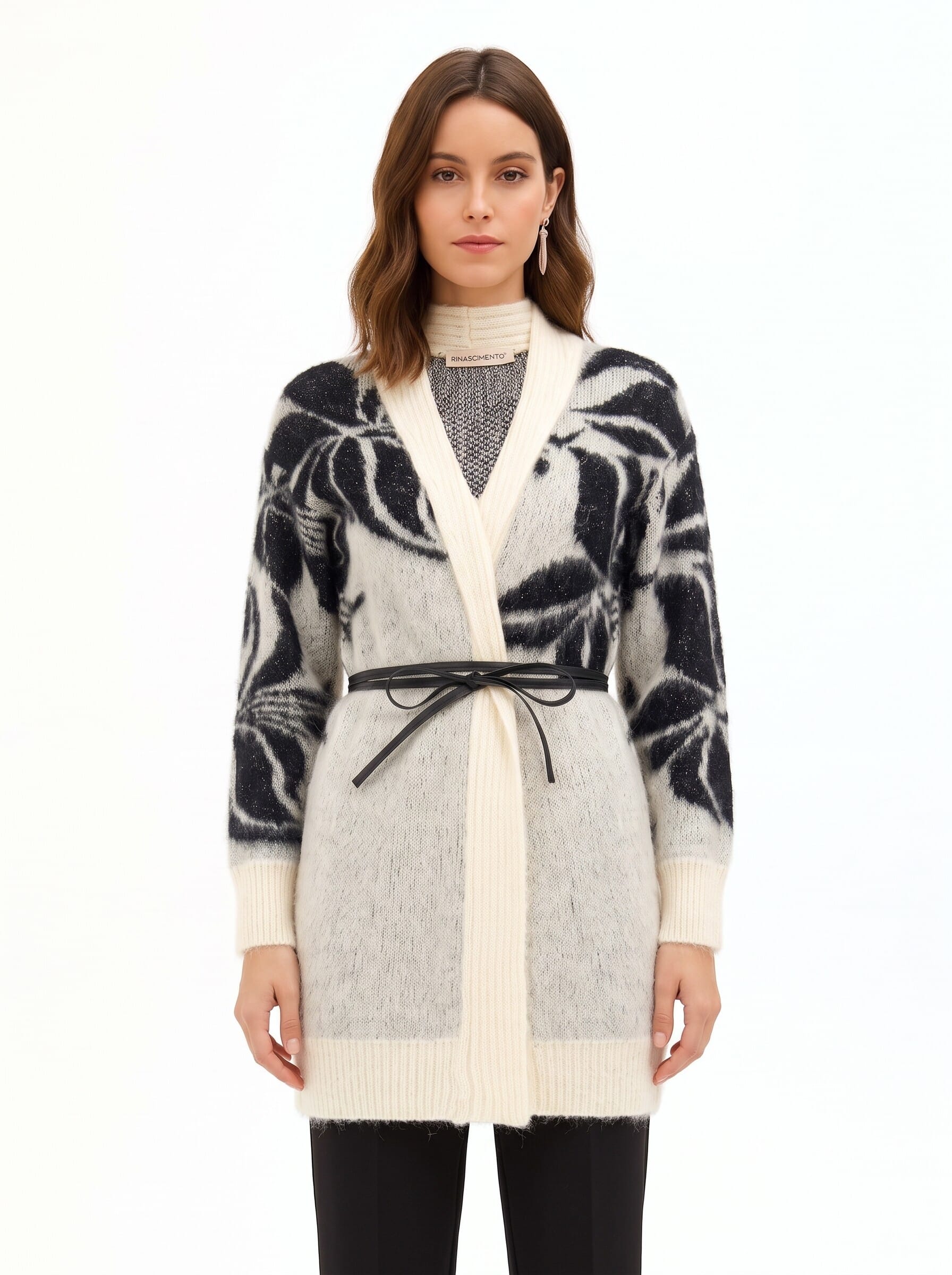 Cardigan en mélange de mohair et de lurex, avec un grand motif floral et une longue ceinture en simili-cuir « Rinascimento »