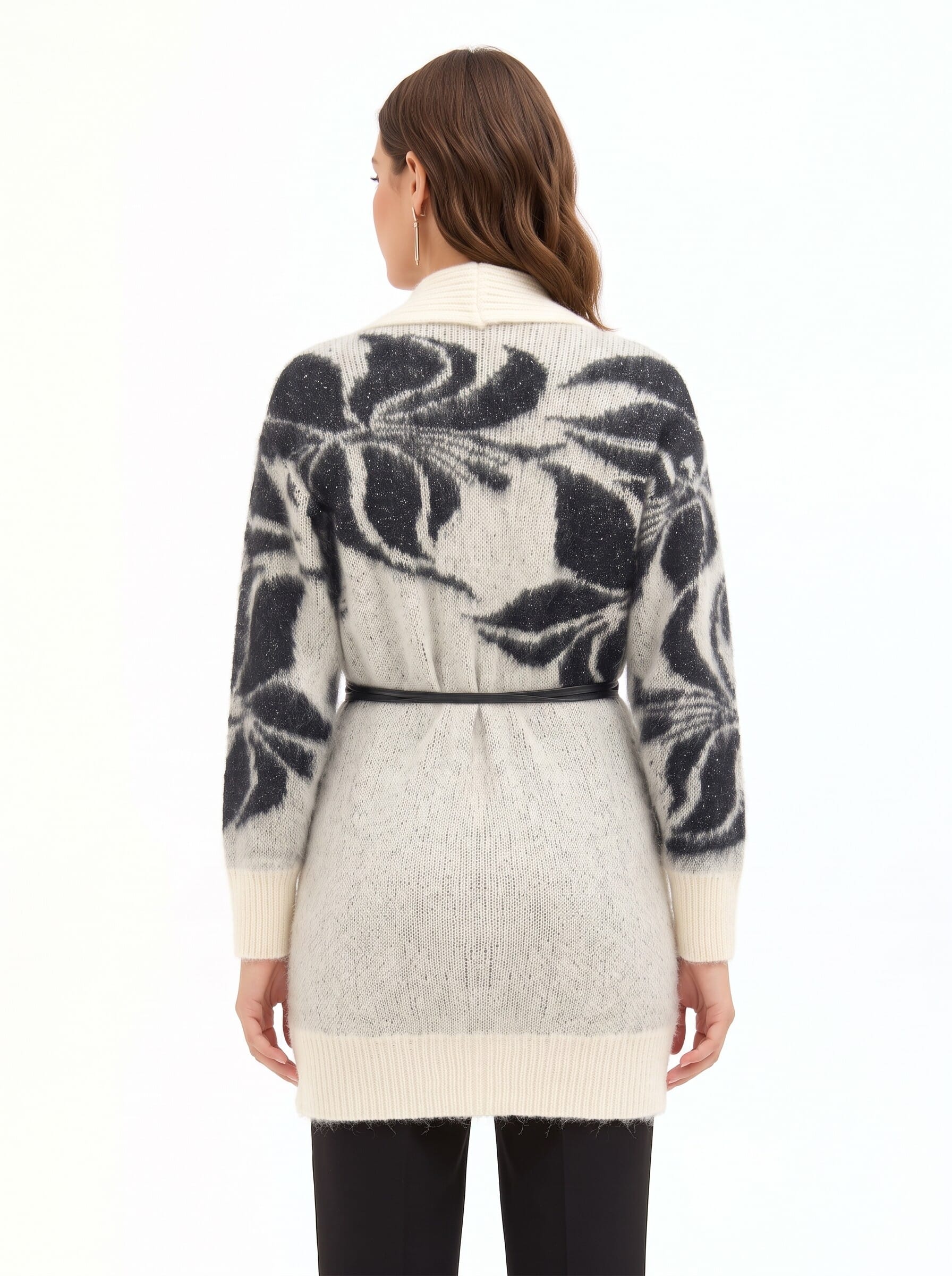 Cardigan en mélange de mohair et de lurex, avec un grand motif floral et une longue ceinture en simili-cuir « Rinascimento »