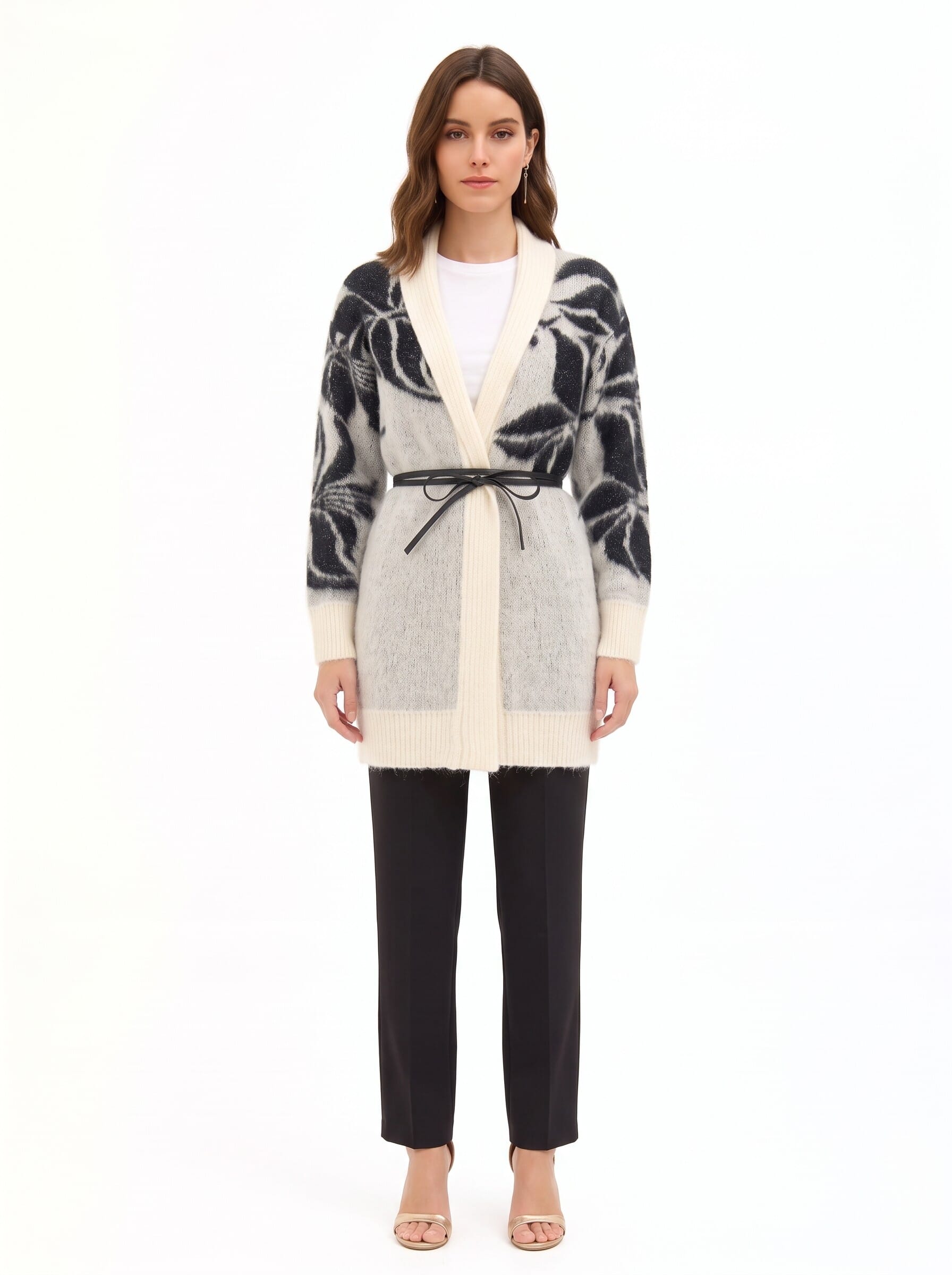 Cardigan en mélange de mohair et de lurex, avec un grand motif floral et une longue ceinture en simili-cuir « Rinascimento »