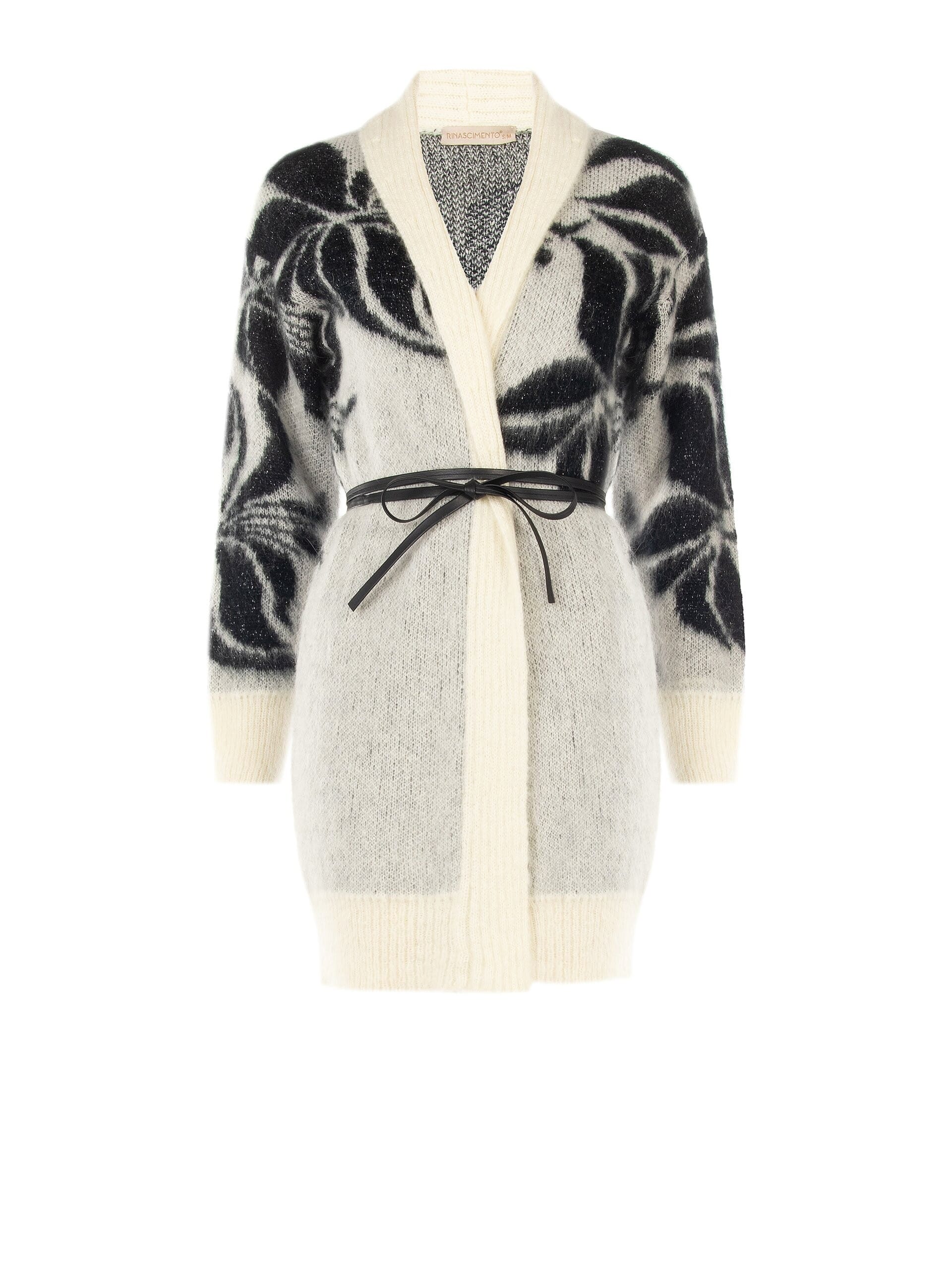 Cardigan en mélange de mohair et de lurex, avec un grand motif floral et une longue ceinture en simili-cuir « Rinascimento »