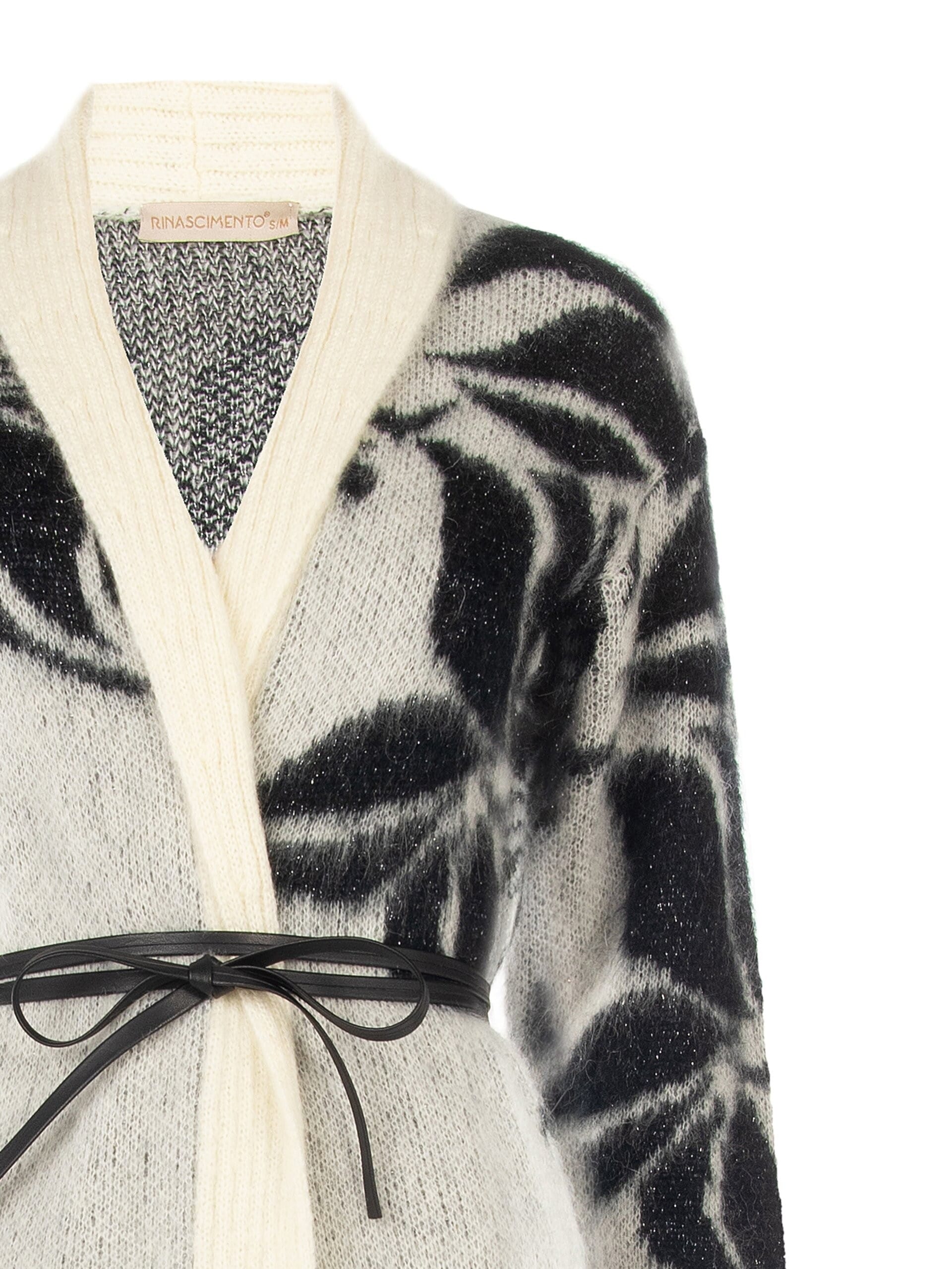 Cardigan en mélange de mohair et de lurex, avec un grand motif floral et une longue ceinture en simili-cuir « Rinascimento »
