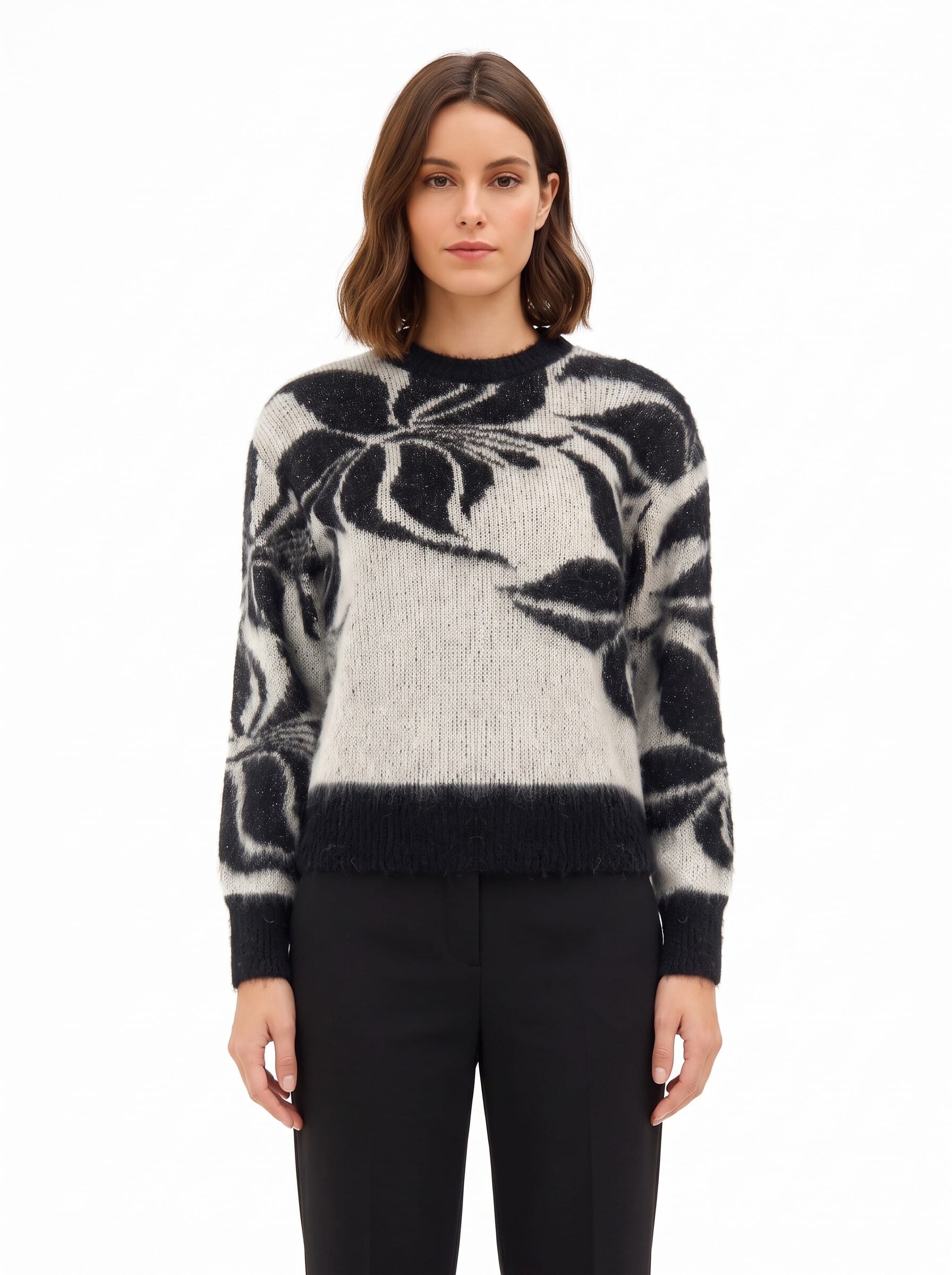 Mohair and Lurex Blend Jumper with a Large Rinascimento-Style Floral Pattern