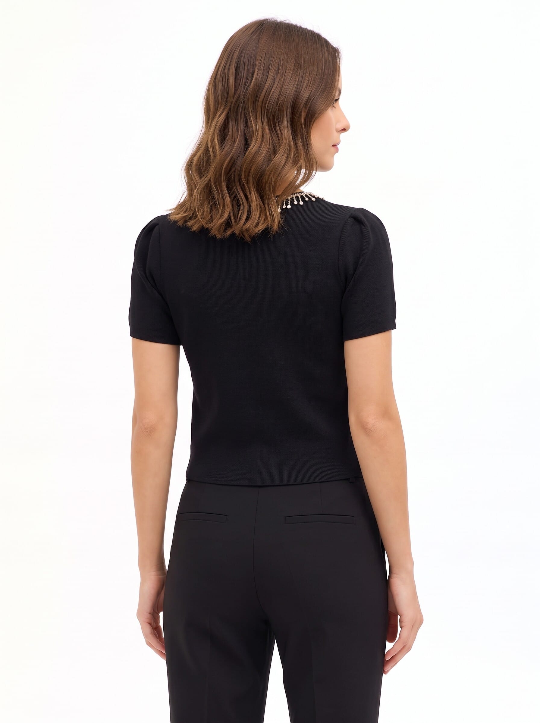 Structured top with fine ribbing in a viscose blend, featuring Rinascimento-style rhinestone fringing