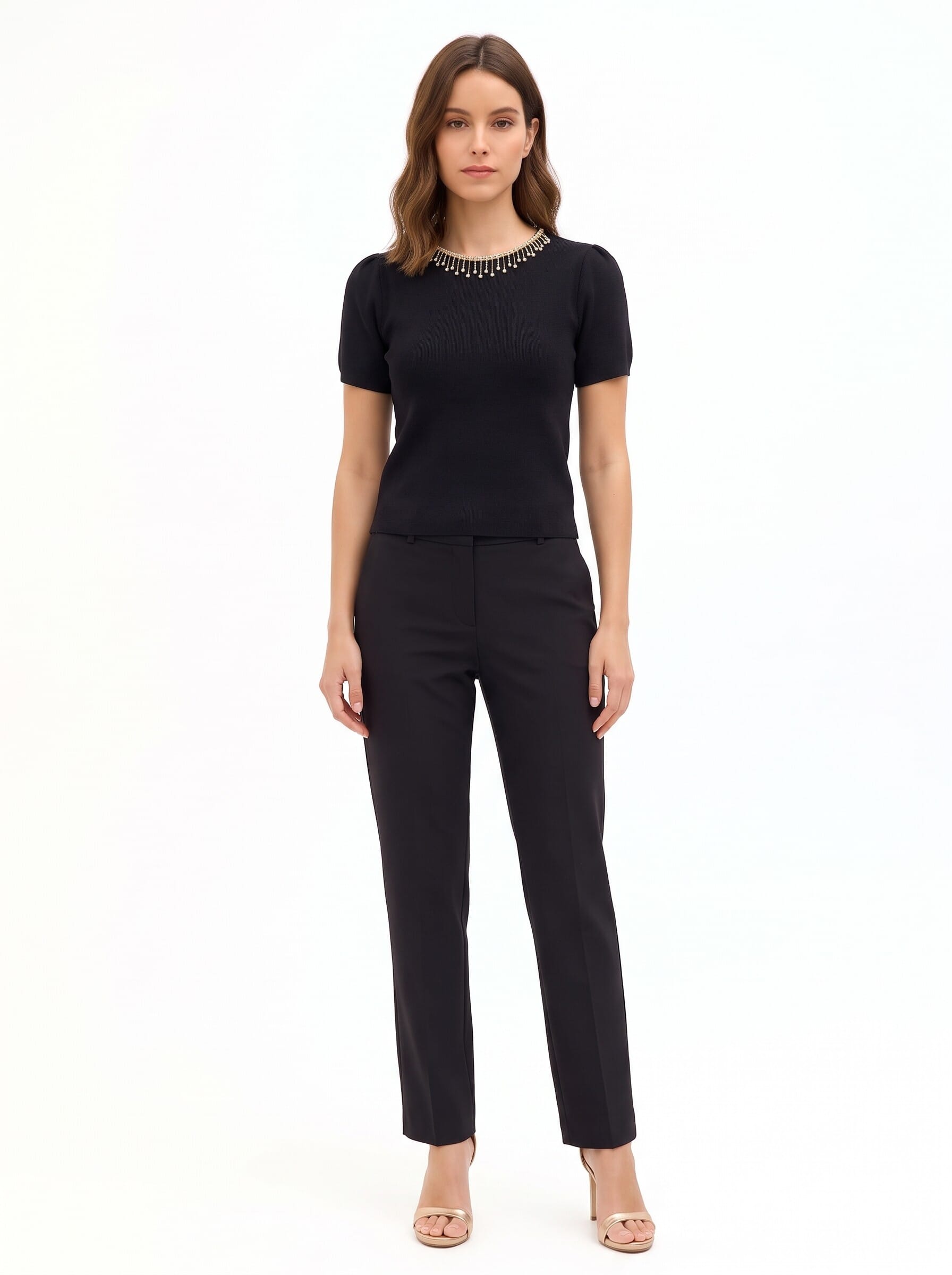Structured top with fine ribbing in a viscose blend, featuring Rinascimento-style rhinestone fringing
