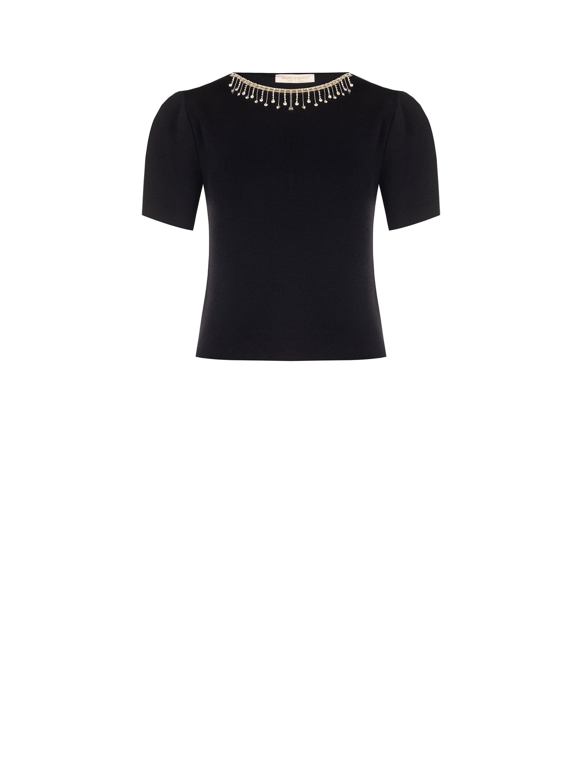 Structured top with fine ribbing in a viscose blend, featuring Rinascimento-style rhinestone fringing